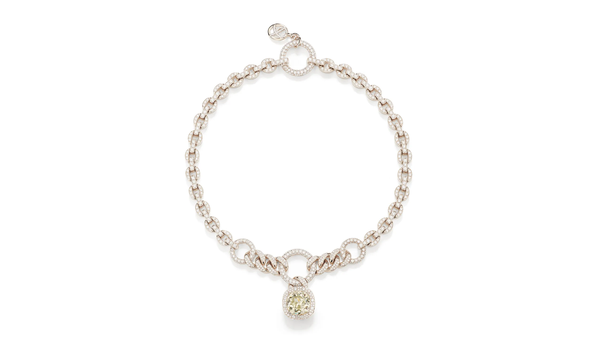 <p>Pomellato Yellow Diamond Moon necklace with a 12-carat fancy light yellow diamond set on a diamond-pavé gourmette and round link chain, part of the ‘Collezione 1967’ High Jewellery collection</p>