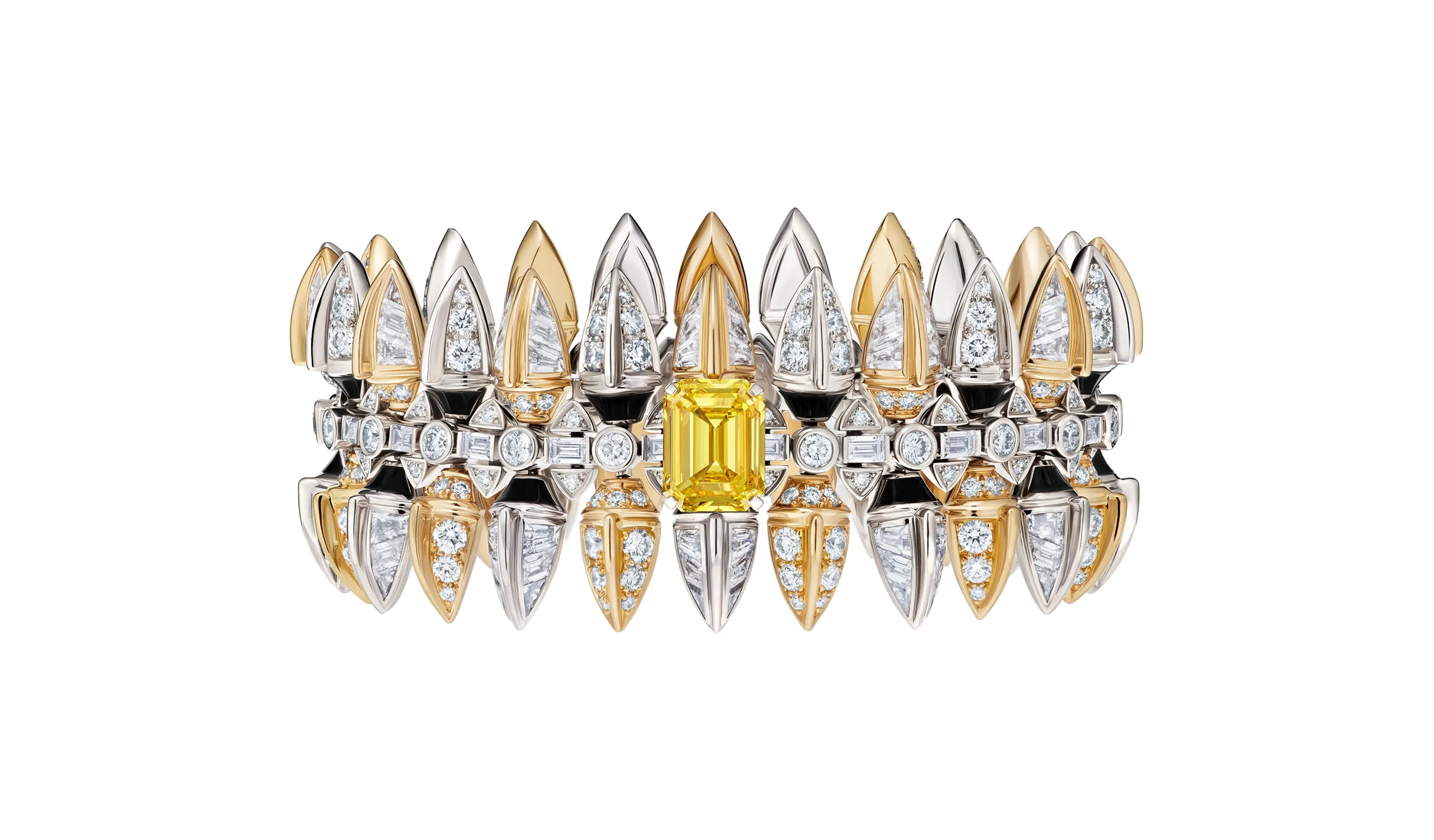 <p>Conquest also features pieces set with yellow diamonds, including this high jewellery bracelet</p>
