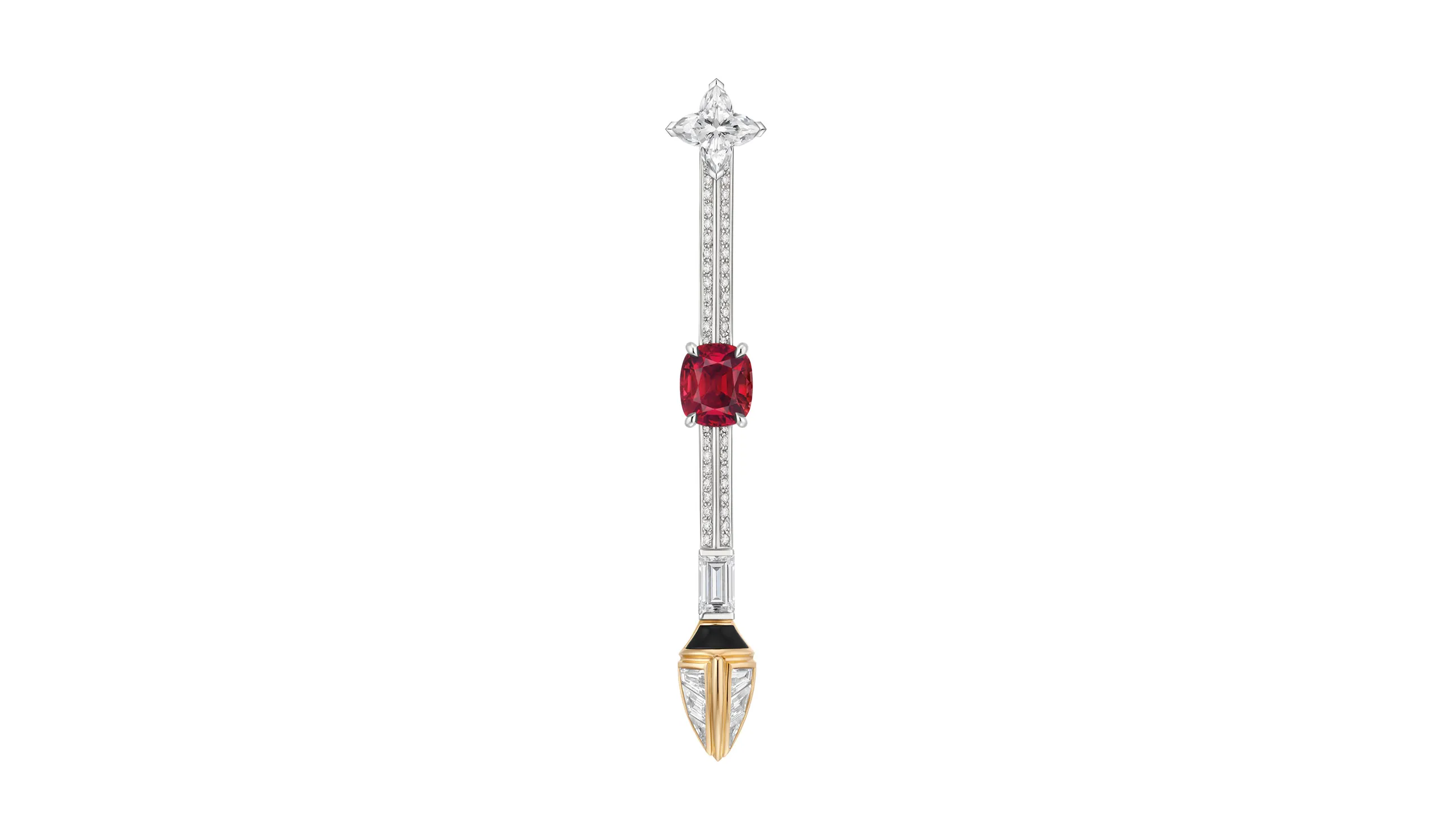 <p>A third Conquest brooch, set with a cushion-cut ruby and LV Monogram Star cut diamond</p>
