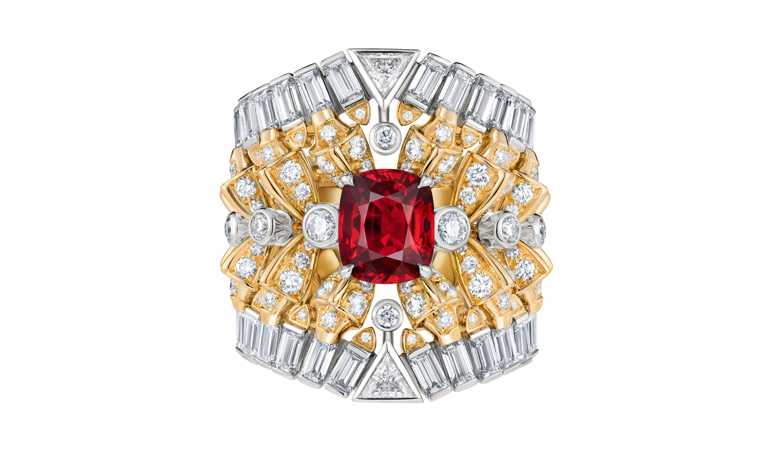 <p>Another Conquest ring, set with a cushion-cut ruby</p>
