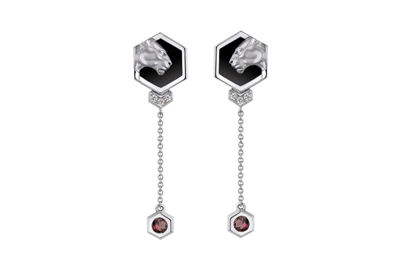 <p>Carrera y Carrera Mini Hexagon earrings from the Origen collection with diamonds, rubellites and black onyx in 18k white gold</p>