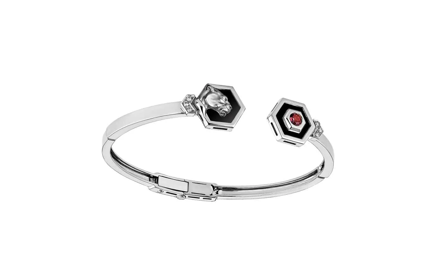 <p>Carrera y Carrera Mini Hexagon cuff bracelet from the Origen collection with diamonds, rubellites and black onyx in 18k white gold</p>