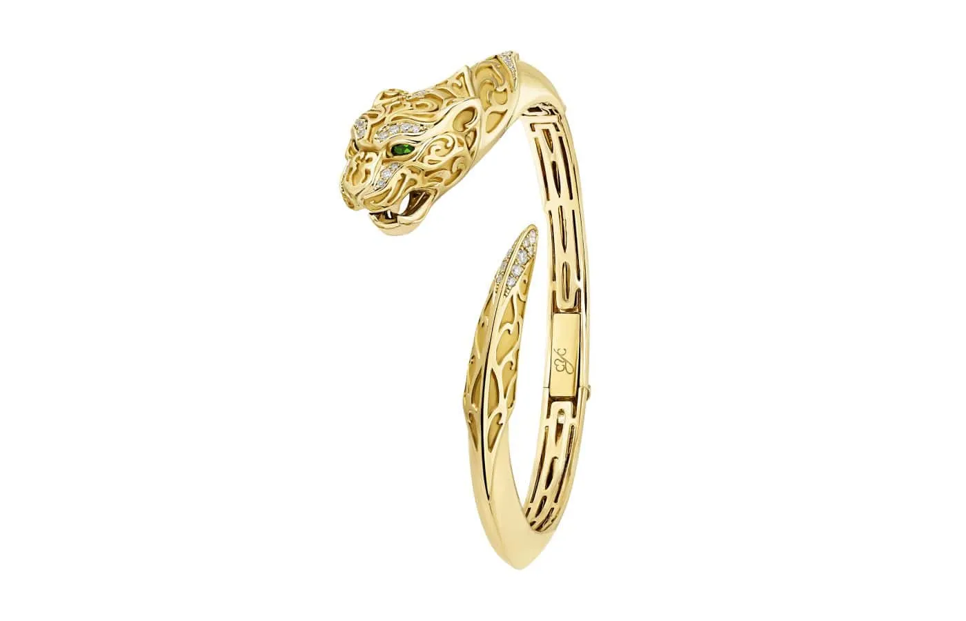 <p>Carrera y Carrera Zodaria cuff bracelet from the Origen collection with diamonds and emeralds in 18k yellow gold</p>