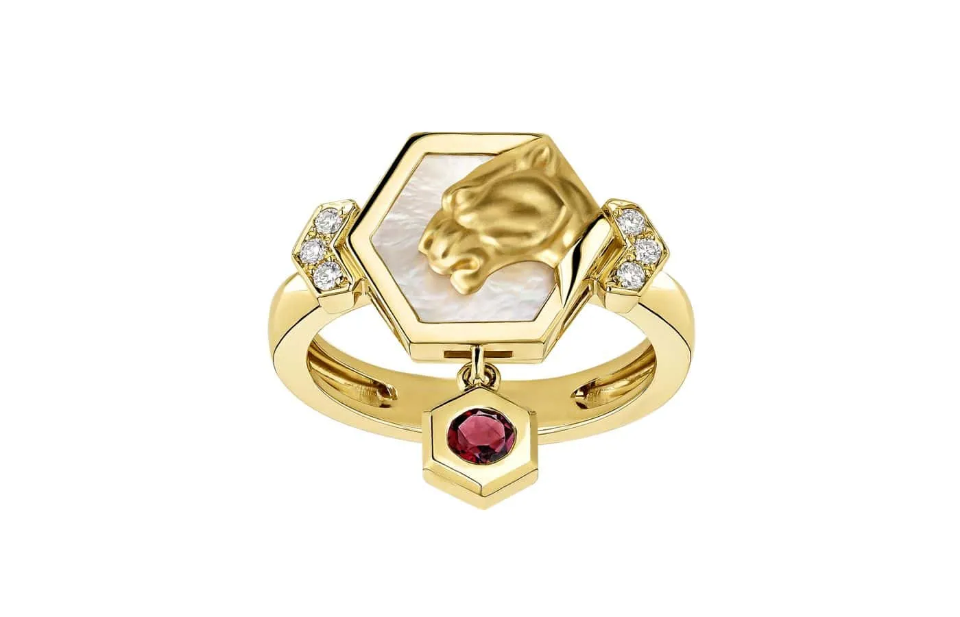 <p>Carrera y Carrera Mini Hexagon ring from the Origen collection with diamonds, mother of pearl, and a rubellite drop in 18k yellow gold</p>