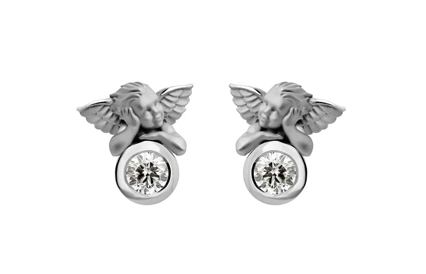 <p>Carrera y Carrera bezel-set round brilliant-cut diamond earrings with 18k white gold cherubs from the My Angel collection</p>