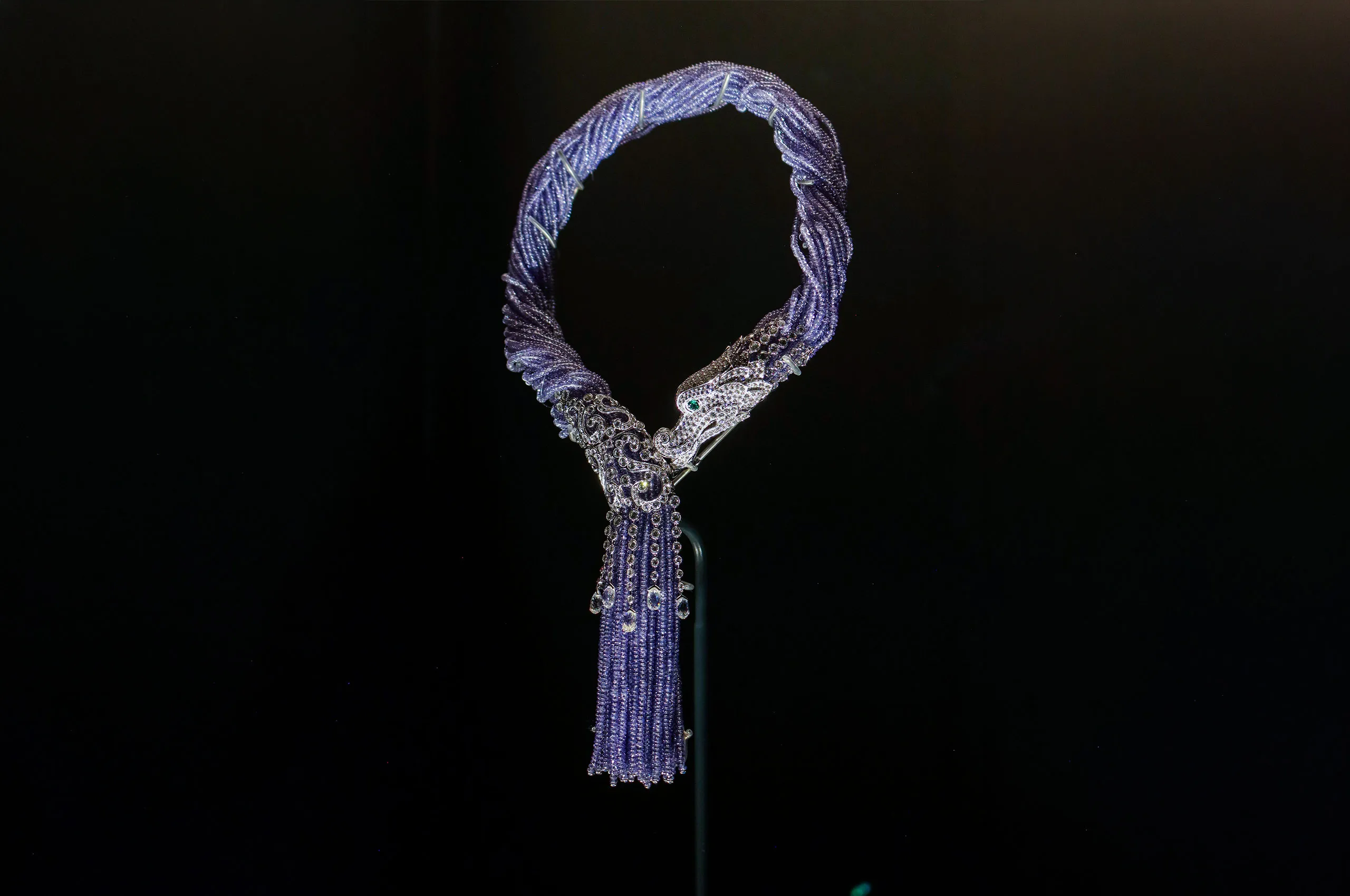 Cartier ‘Falkor’ necklace, 2008. The twisted strands of tanzanite beads evoke the elongated body of a Chinese dragon