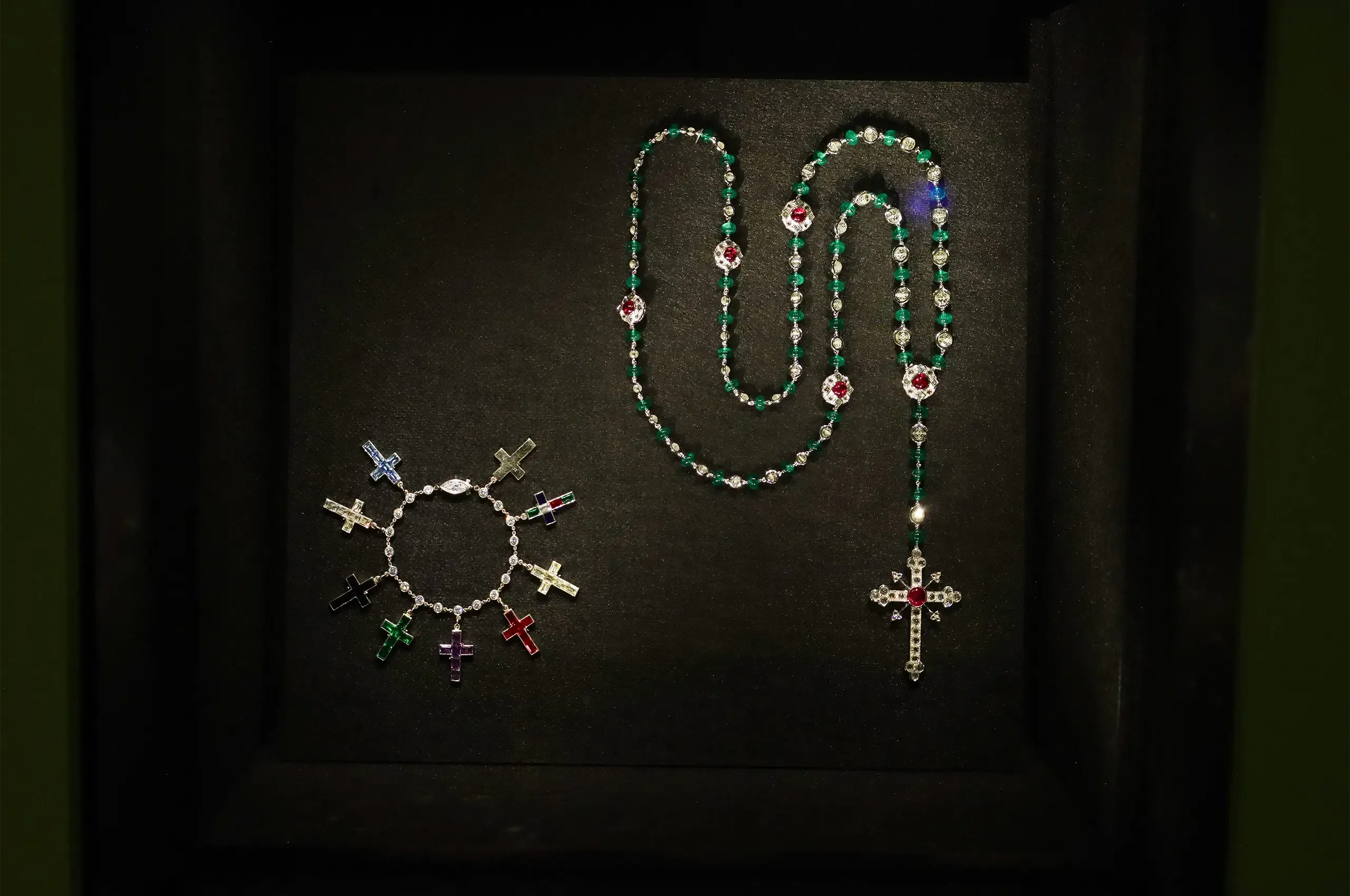 Cartier jewels created for film: a 2024 rosary for Wes Anderson’s The Phoenician Scheme and a replica of the Duchess of Windsor’s cross bracelet for W.E. (2011)