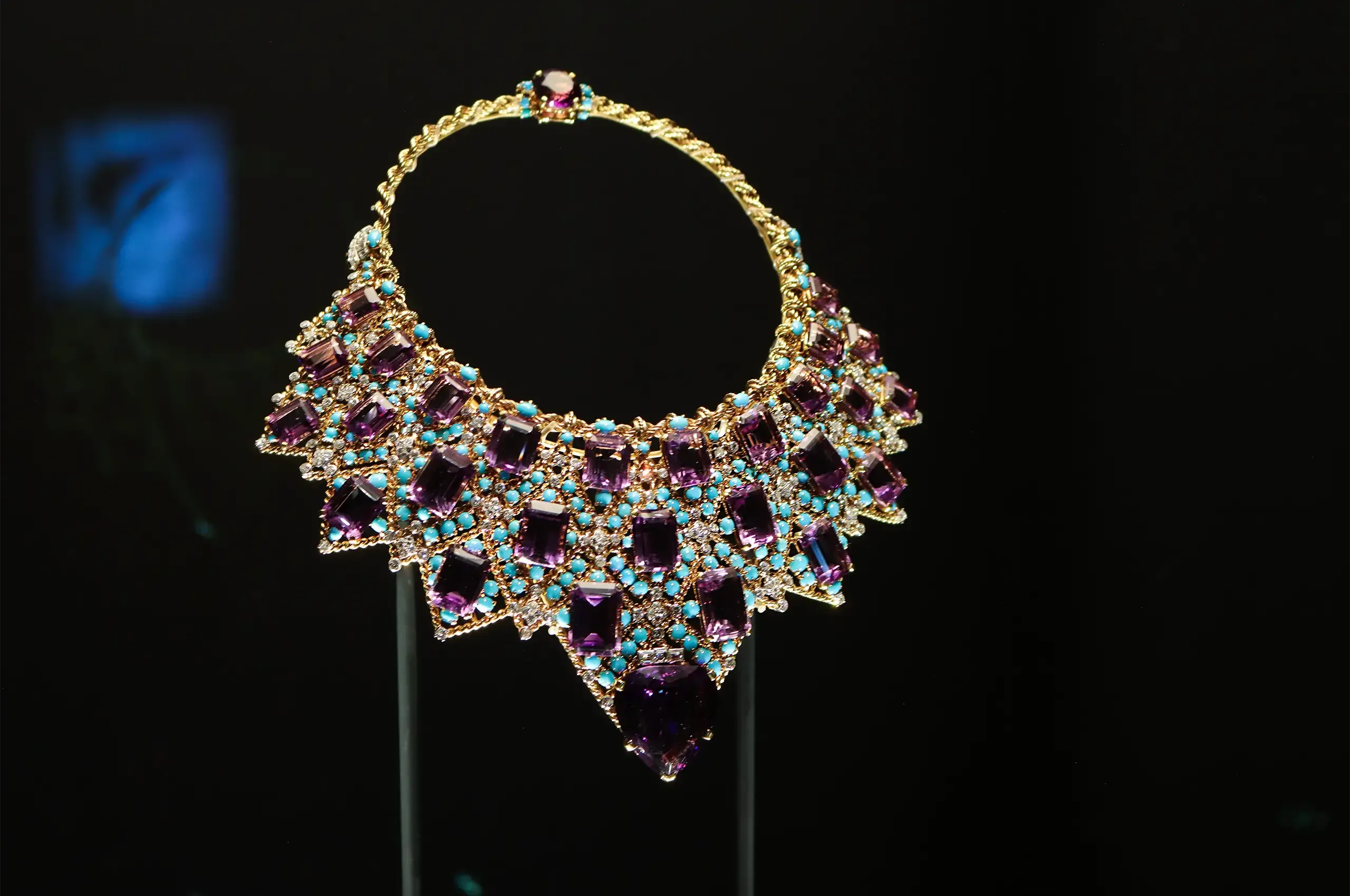 Cartier’s 1947 bib necklace for the Duchess of Windsor, combining 27 step-cut amethysts with turquoise cabochons and diamonds