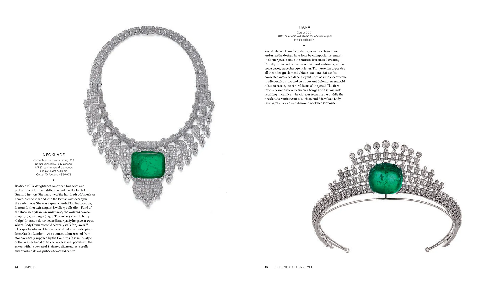 <p>Two extraordinary bespoke emerald creations are showcased: the 1932 necklace crafted for Lady Granard on the left, and on the right, a 2017 tiara inspired by her iconic jewel</p>
