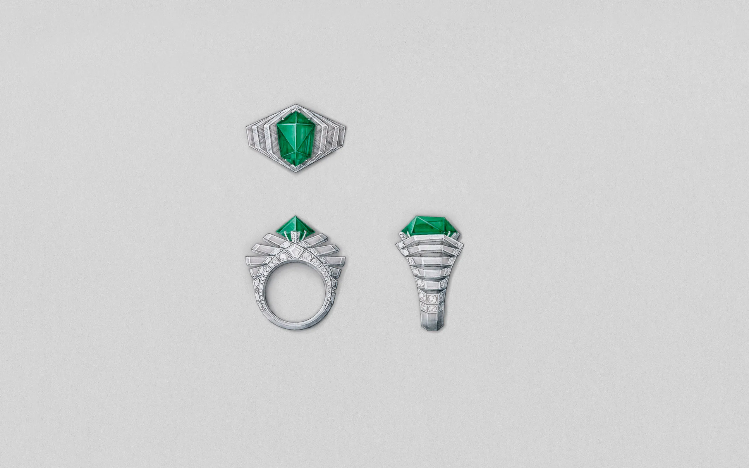 <p>Cartier Scalera ring with a 6.12-carat Zambian emerald in an unusual shield shape, tiered ‘steps’ of white diamonds and transparent rock crystal, part of the En Équilibre High Jewellery collection</p>