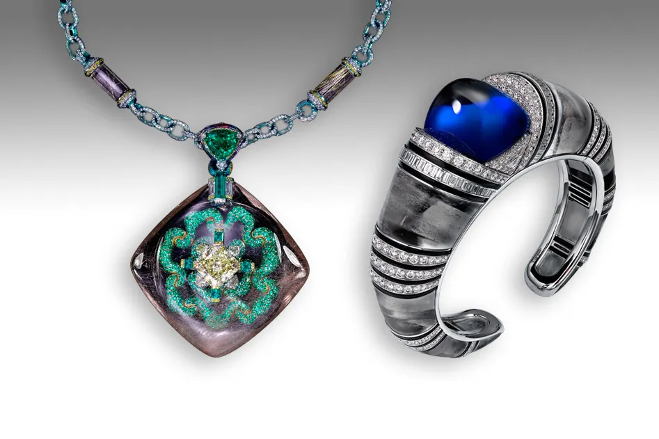 <p>Cartier tanzanite and rock crystla bracelet and Wallace Chan rock crystal necklace with diamonds and emeralds</p>
