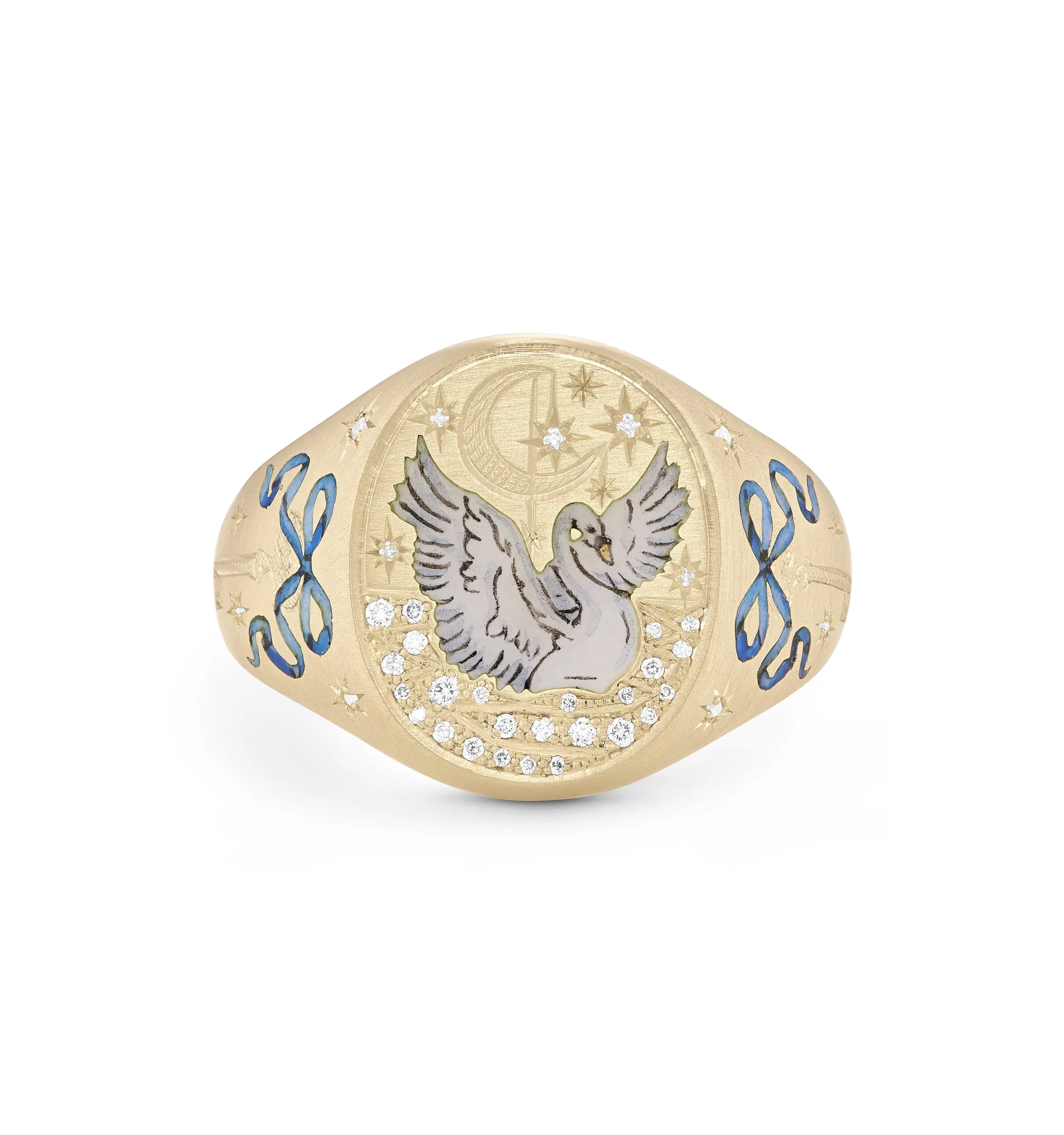 <p>Cece Jewellery Swan Lake signet ring, handcrafted in 18k yellow gold with champlevé enamel and brilliant-cut diamonds</p>