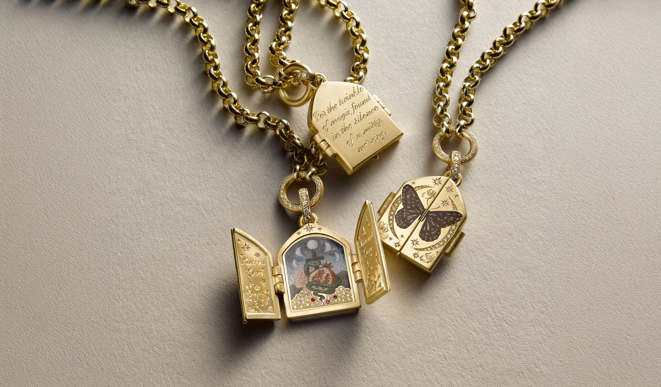 <p>Cece Jewellery Earthly Delights Triptych Charm necklaces, handcrafted in 18k yellow gold with champlevé enamel, brilliant-cut diamonds and red rubies</p>