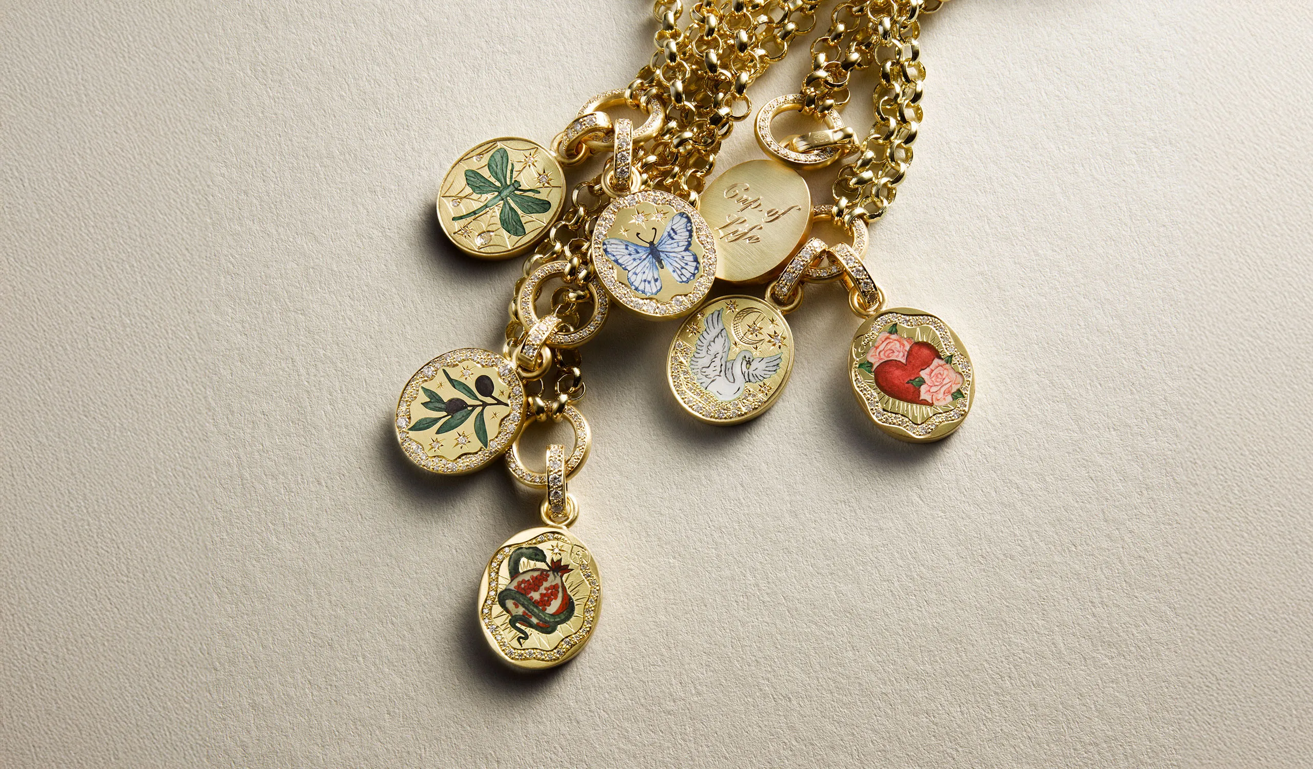 <p>Cece Jewellery charm necklaces, handcrafted in 18k yellow gold with champlevé enamel and brilliant-cut diamonds</p>