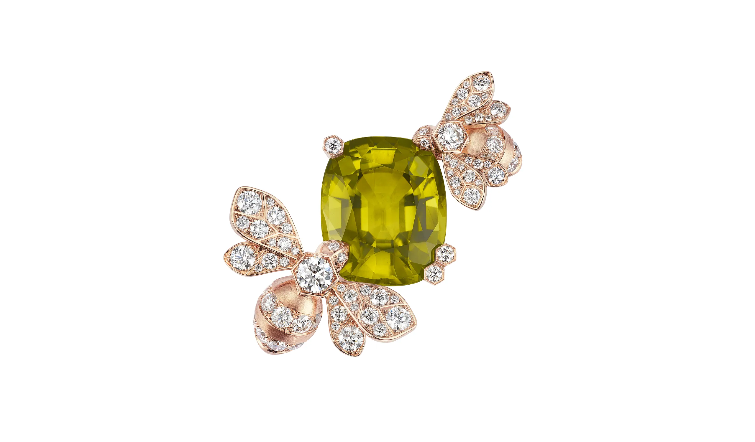 <p>Chaumet Bee brooch in rose gold, set with a cushion cut 17.99 carat yellow-green tourmaline and brilliant-cut diamonds</p>