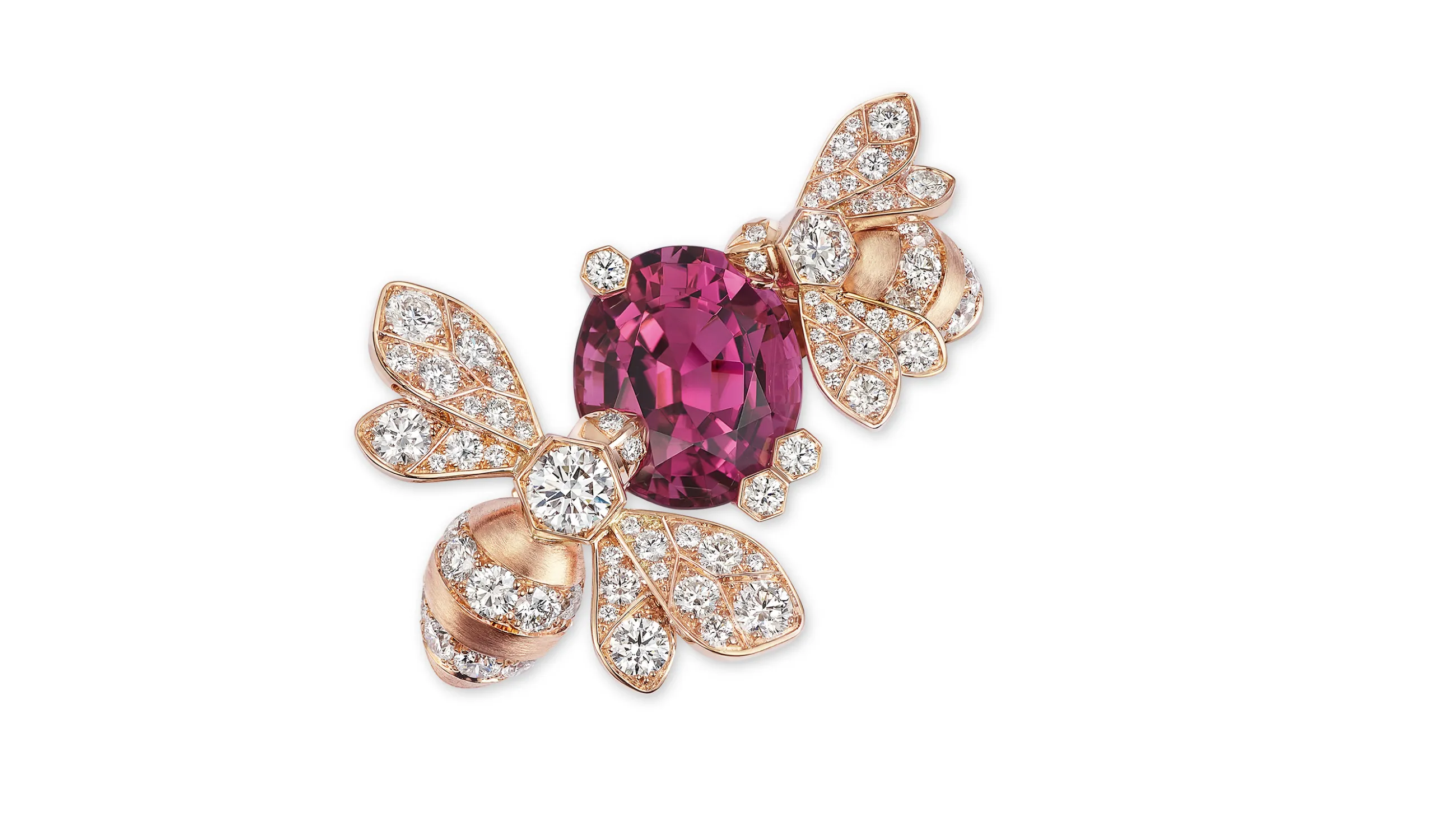 <p>Chaumet Bee brooch in rose gold, set with an oval cut 7.44 carat rubellite and brilliant-cut diamonds</p>