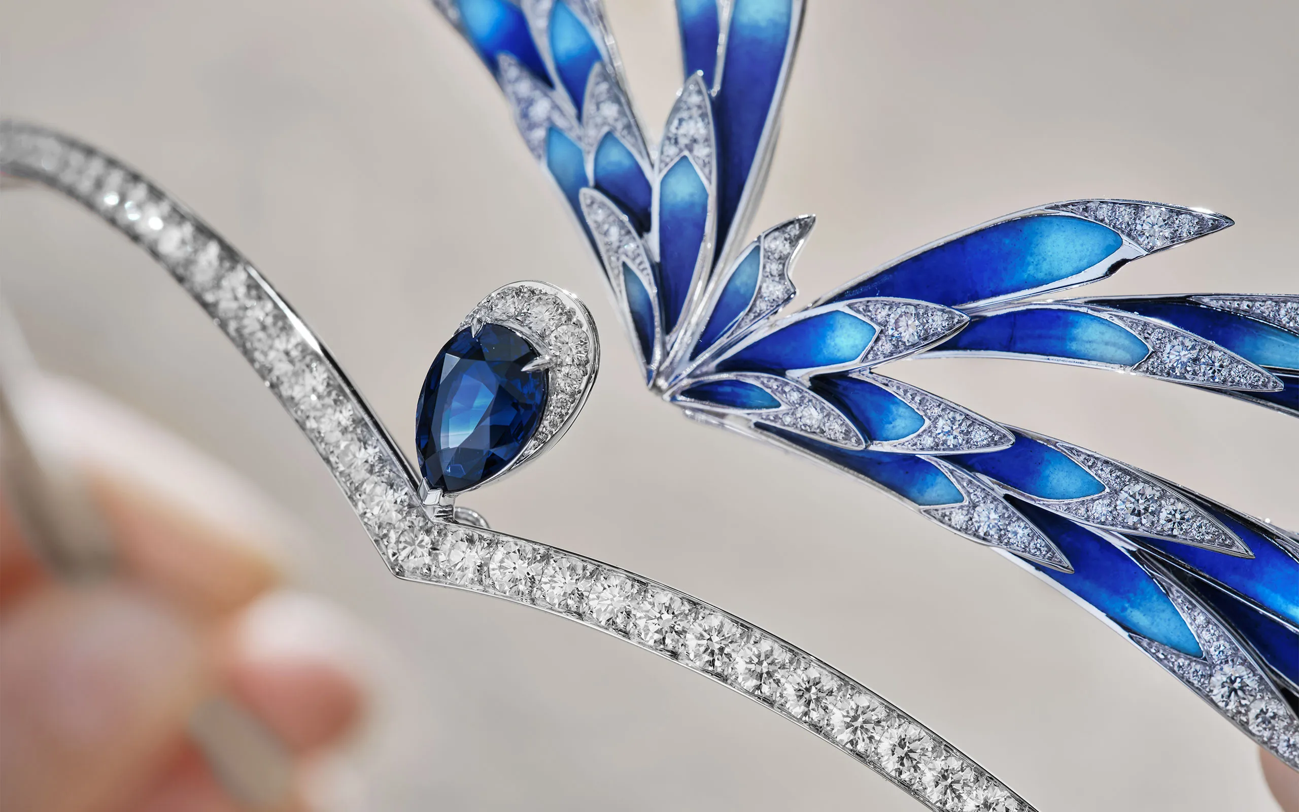 <p>The wings are removable from the Envol tiara, transforming it into a Joséphine-style sapphire and diamond design</p>
