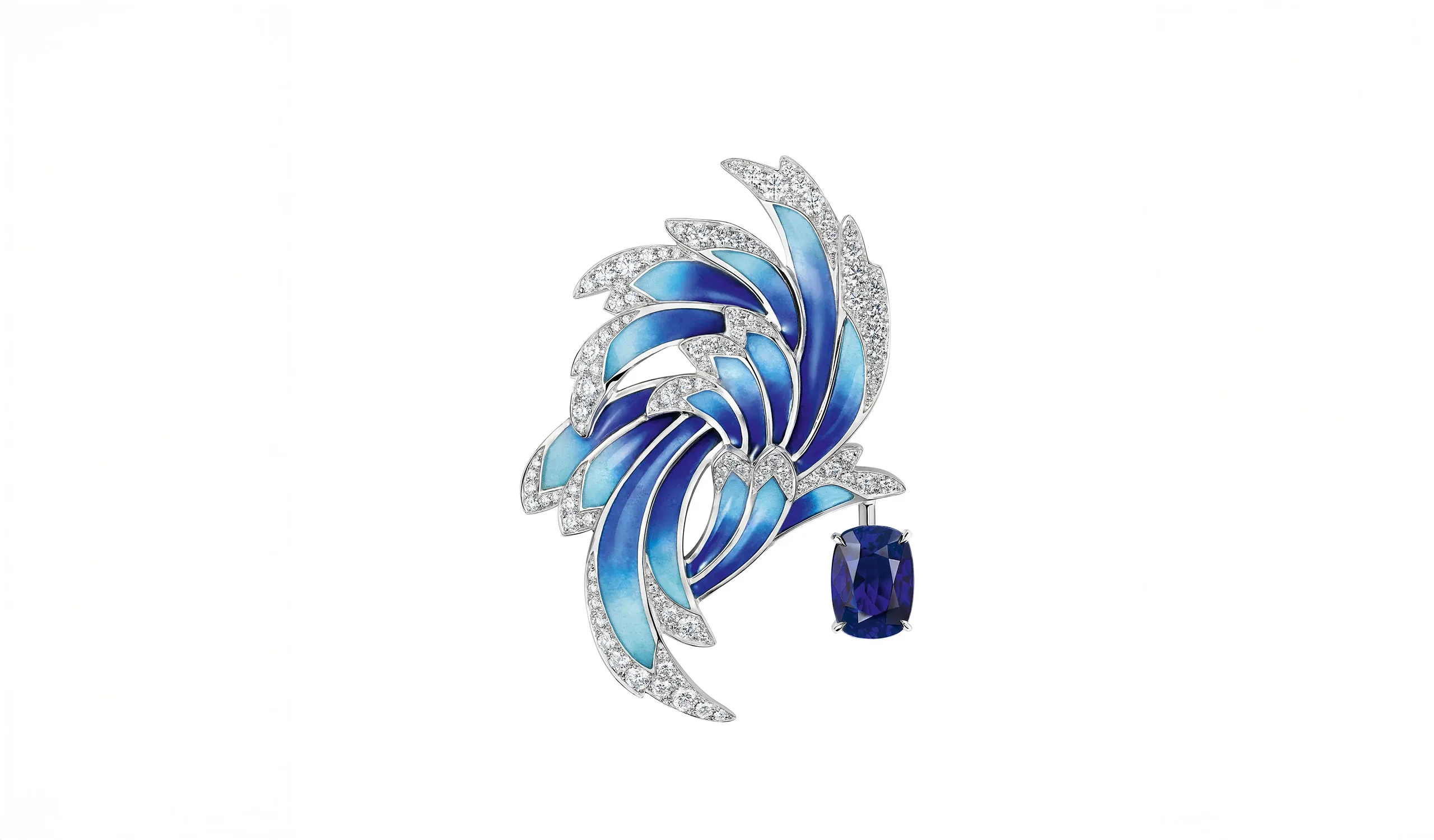 <p>Envol high jewellery brooch in white gold and grand feu enamel, set with a 4.39 carat cushion-cut Madagascan sapphire and diamonds</p>

