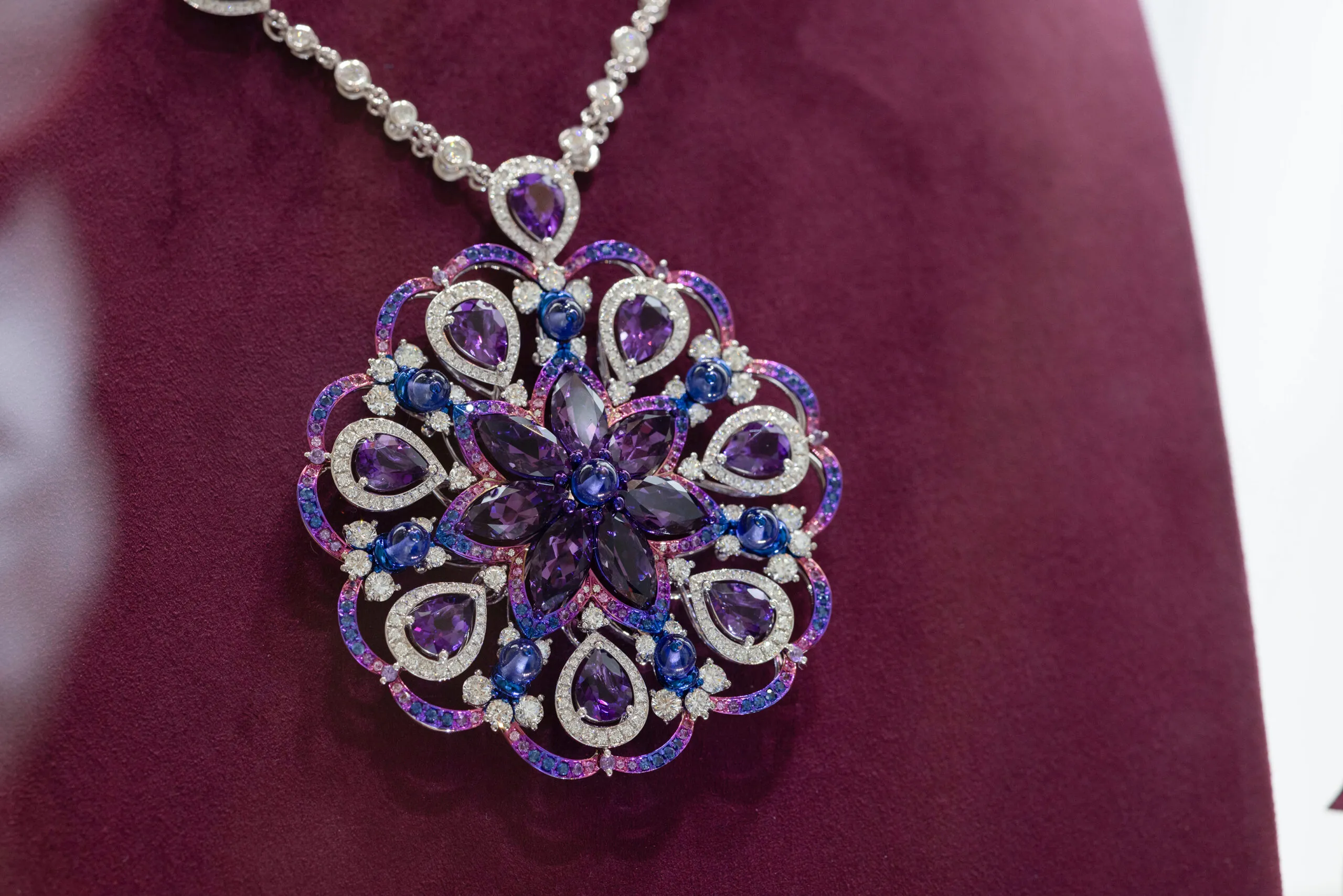 <p>Chopard necklace with 12.75 carats of pear-shaped amethysts, 12.13 carats of marquise-cut amethysts, 13.02 carats of brilliant-cut diamonds, 7.25 carats of tanzanite beads and 1.36 carats of round-cut sapphires, set in 18k white gold and titanium, part of the Caroline&#8217;s Universe Red Carpet High Jewellery Collection 2025</p>

