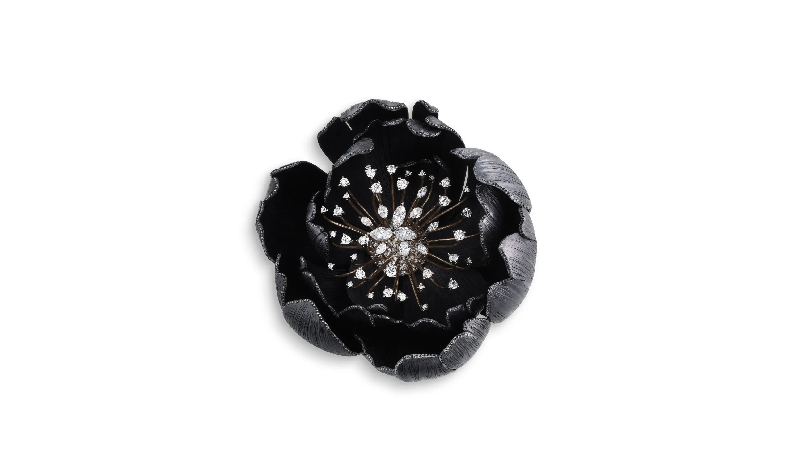 <p>Chopard Flower brooch in aluminium and 18k white gold set with 2.68 carats of brilliant-cut white diamonds, 2.44 carats of black diamonds, and 1.94 carats of marquise-cut white diamonds, from the Caroline&#8217;s Universe Red Carpet High Jewellery Collection 2025</p>
