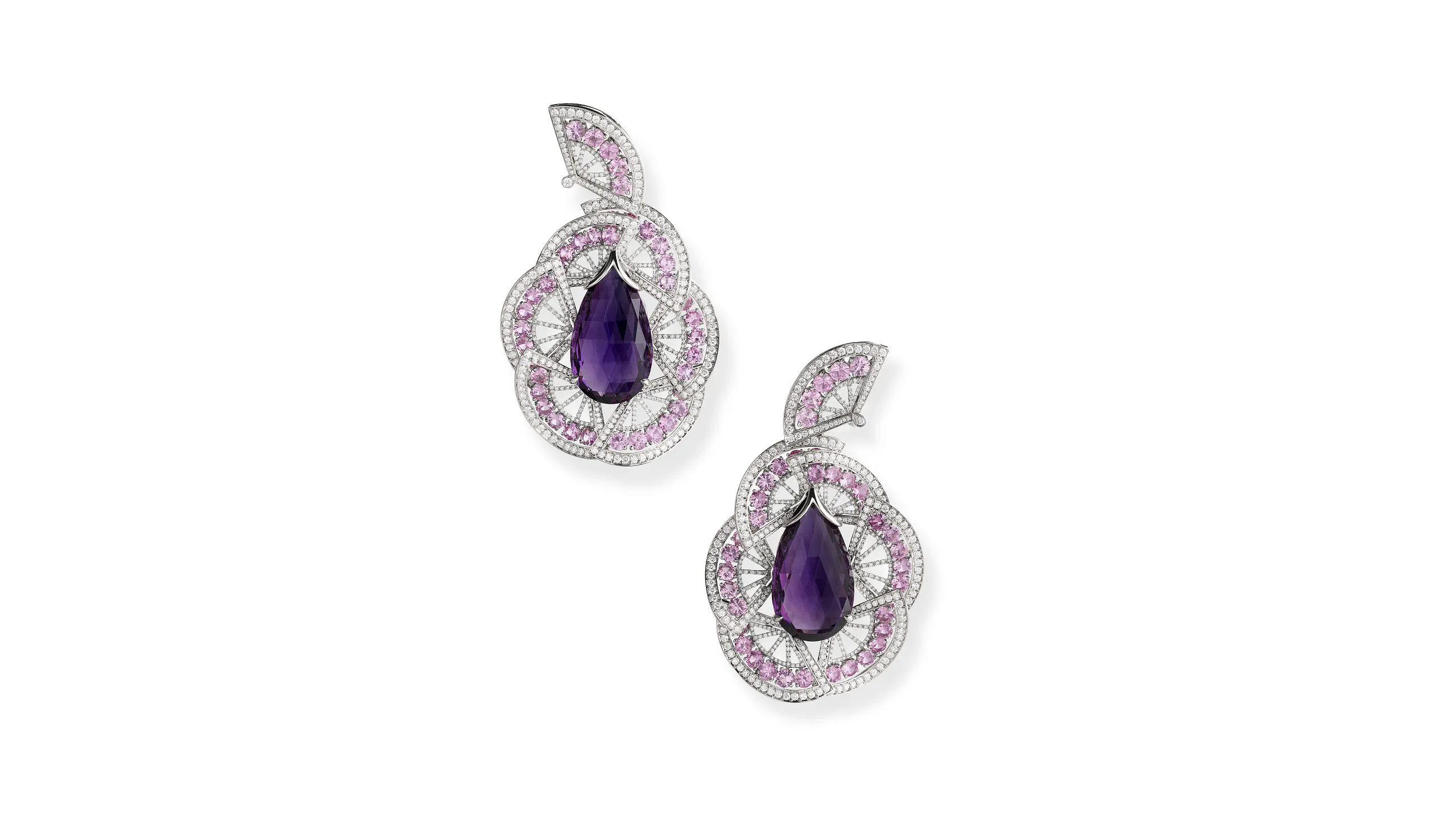<p>Chopard earrings with two amethyst briolettes weighing 43.67 carats, 14.48 carats of brilliant-cut sapphires and 5.64 carats of brilliant-cut diamonds, set in titanium, part of the Caroline&#8217;s Universe Red Carpet High Jewellery Collection 2025</p>
