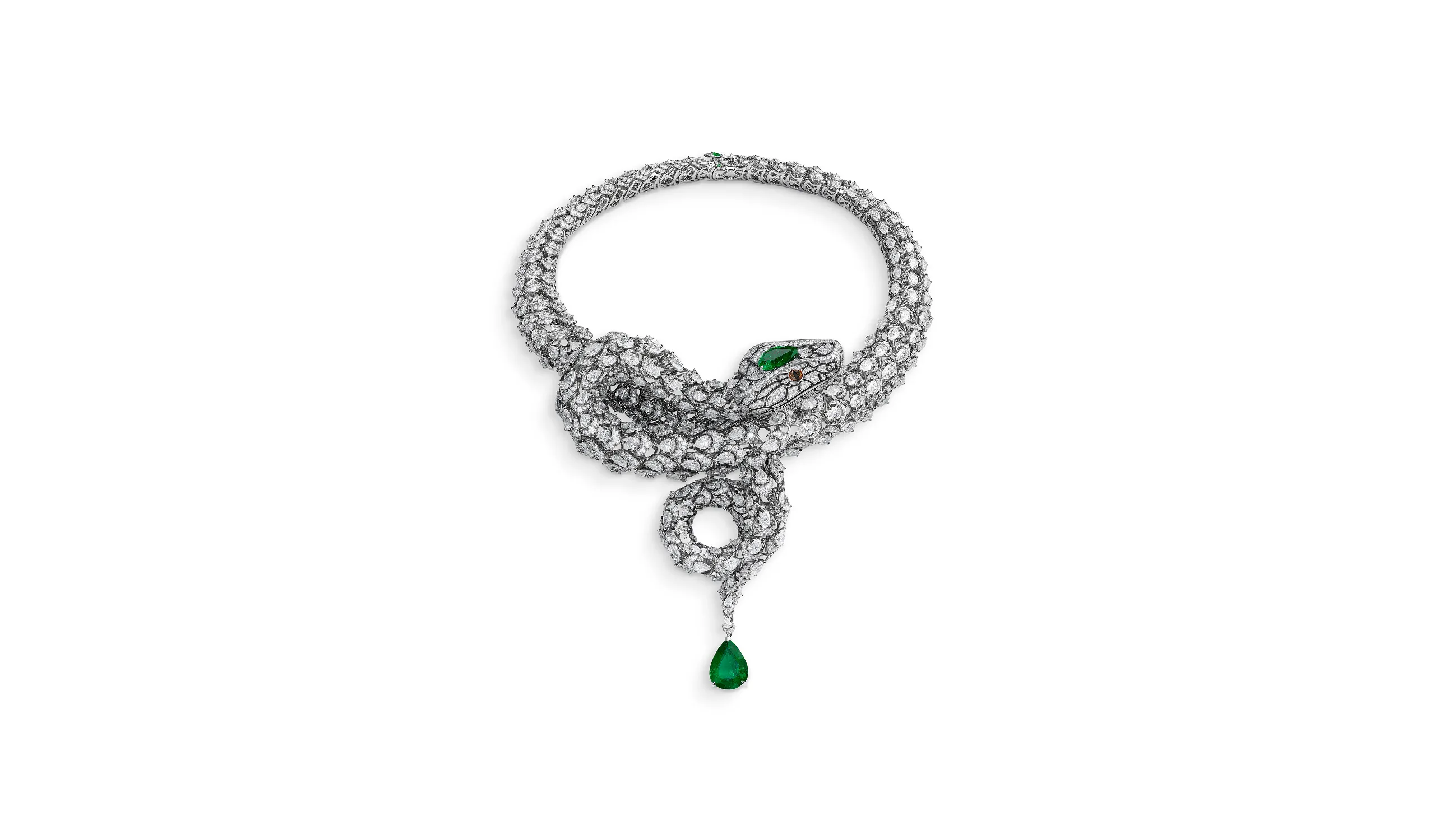 <p>Chopard Snake necklace with over 87 carats of pear-shaped and brilliant-cut diamonds enhanced with 11.93 carats of pear-shaped emeralds, onyx and yellow sapphires set in 18k white gold, part of the Caroline&#8217;s Universe Red Carpet High Jewellery Collection 2025</p>
