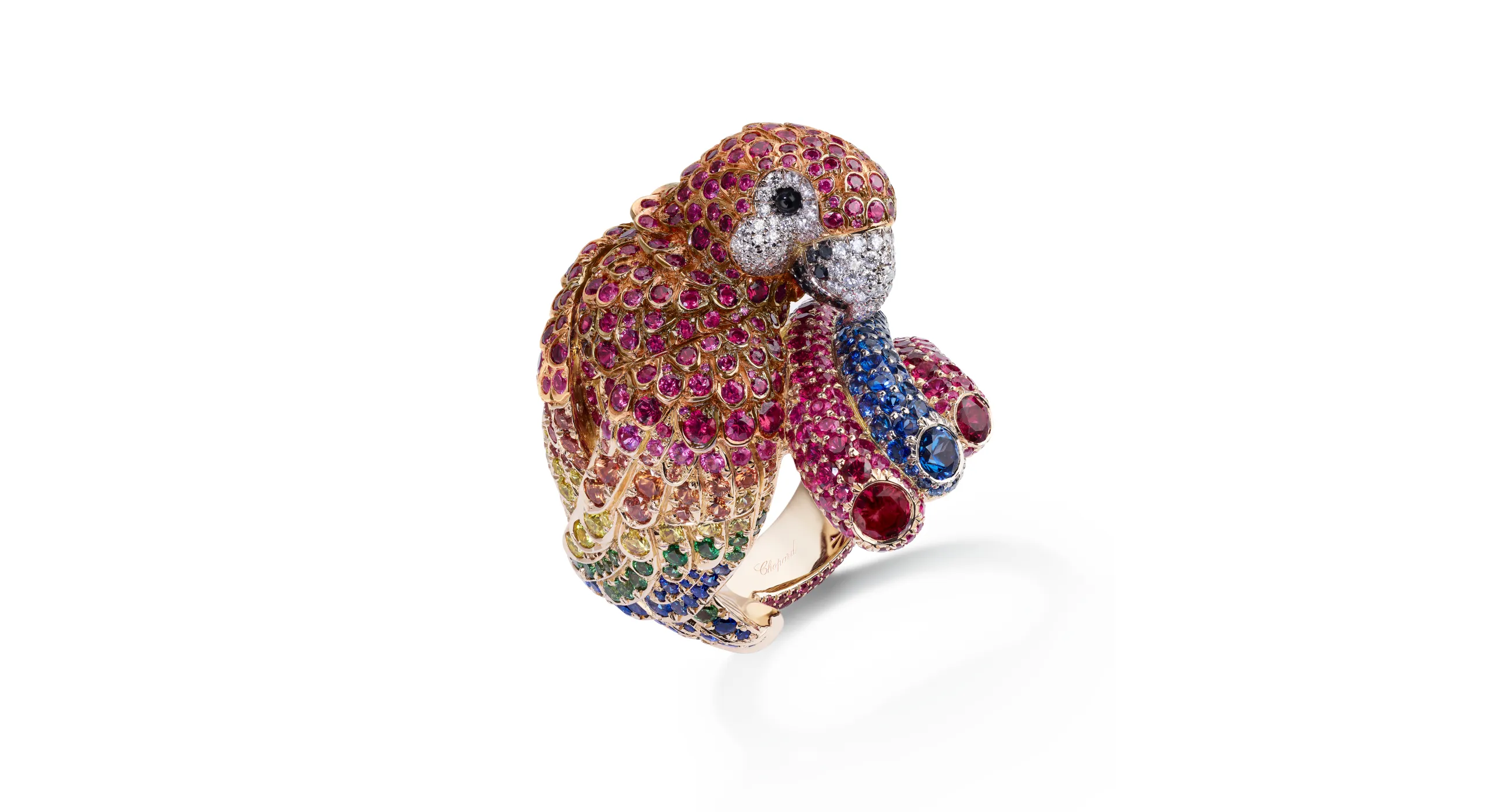 <p>Chopard Parrot ring with 4.92 carats of brilliant-cut rubies, 2.84 carats of multi-coloured sapphires, white and black diamonds, garnets and onyx cabochons set in 18k rose and white gold, part of the Caroline&#8217;s Universe Red Carpet High Jewellery Collection 2025</p>
