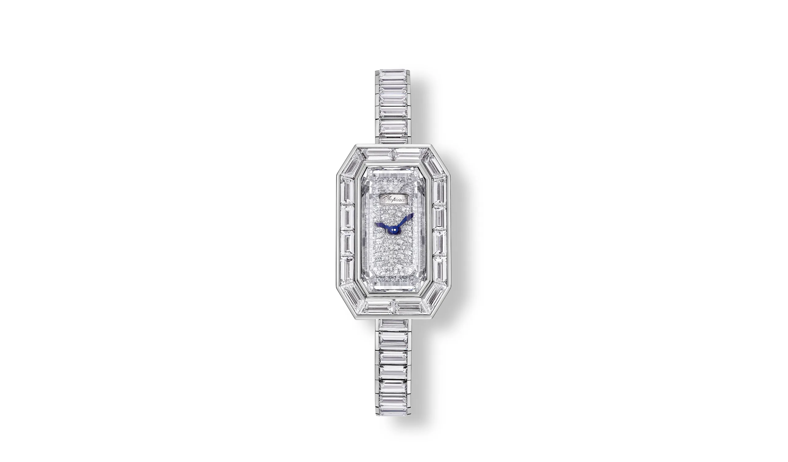 <p>Chopard watch in 18k white gold with an emerald-shaped portrait-cut diamond in place of the traditional sapphire crystal, set with baguette cut diamonds totalling 21.41 carats, part of the Caroline&#8217;s Universe Red Carpet High Jewellery Collection 2025</p>
