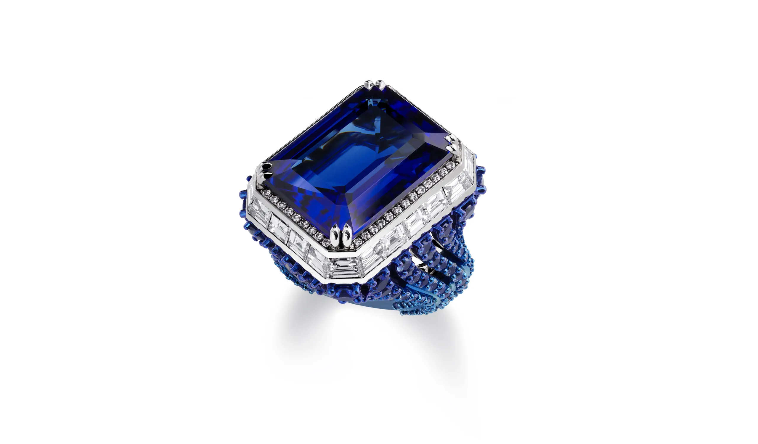 <p>Chopard ring with a 29.76-carat emerald-cut tanzanite, 6.73 carats of brilliant-cut sapphires, 4.70 carats of baguette-cut diamonds and further diamond brilliants, set in 18k white gold and titanium, part of the Caroline&#8217;s Universe Red Carpet High Jewellery Collection 2025</p>
