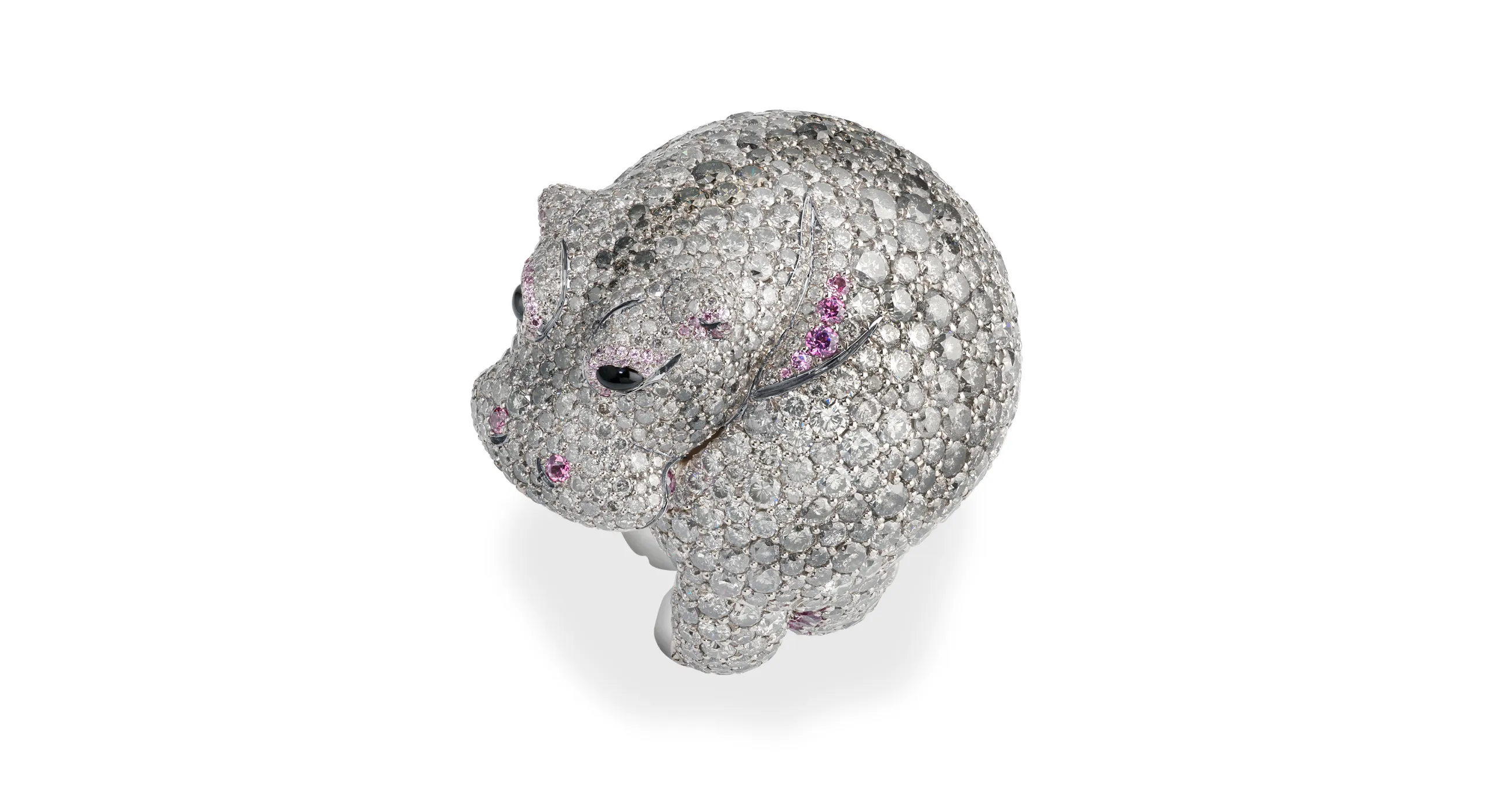 <p>Chopard Hippopotamus ring with 17.38 carats of brilliant-cut grey diamonds, garnets and onyx cabochons set in 18k white gold, from the Caroline&#8217;s Universe Red Carpet High Jewellery Collection 2025</p>
