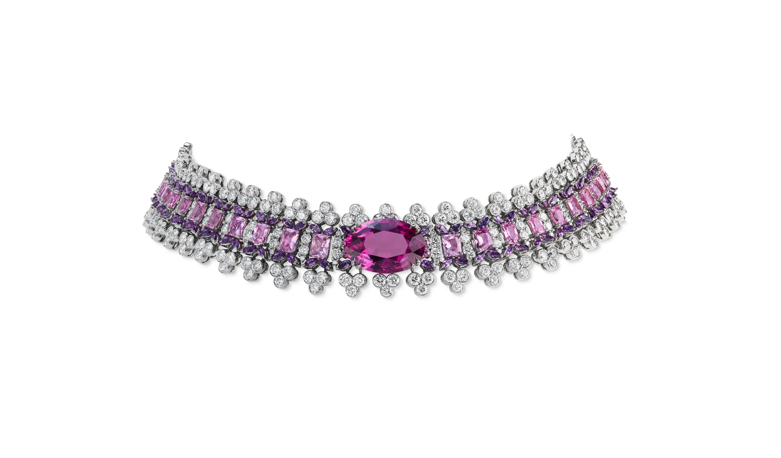 <p>Chopard necklace with an oval shaped tourmaline of 17.25 carats, set with cushion-cut pink sapphires of 19.41 carats, marquise-cut amethysts of 9.91 carats and 32.26 carats of diamonds in 18k white gold, part of the Caroline&#8217;s Universe Red Carpet High Jewellery Collection 2025</p>
