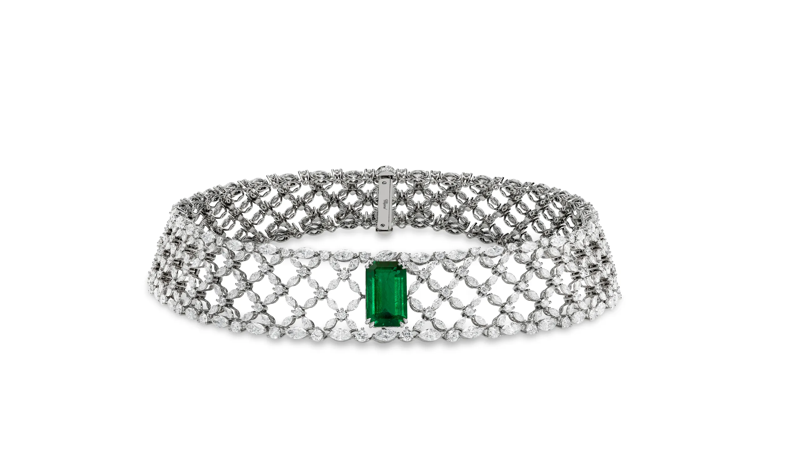 <p>Chopard choker with a 10.07-carat emerald-cut emerald, 31.30 carats of marquise-cut diamonds and 11.28 carats of brilliant-cut diamonds, set in 18k white gold, part of the Caroline&#8217;s Universe Red Carpet High Jewellery Collection 2025</p>
