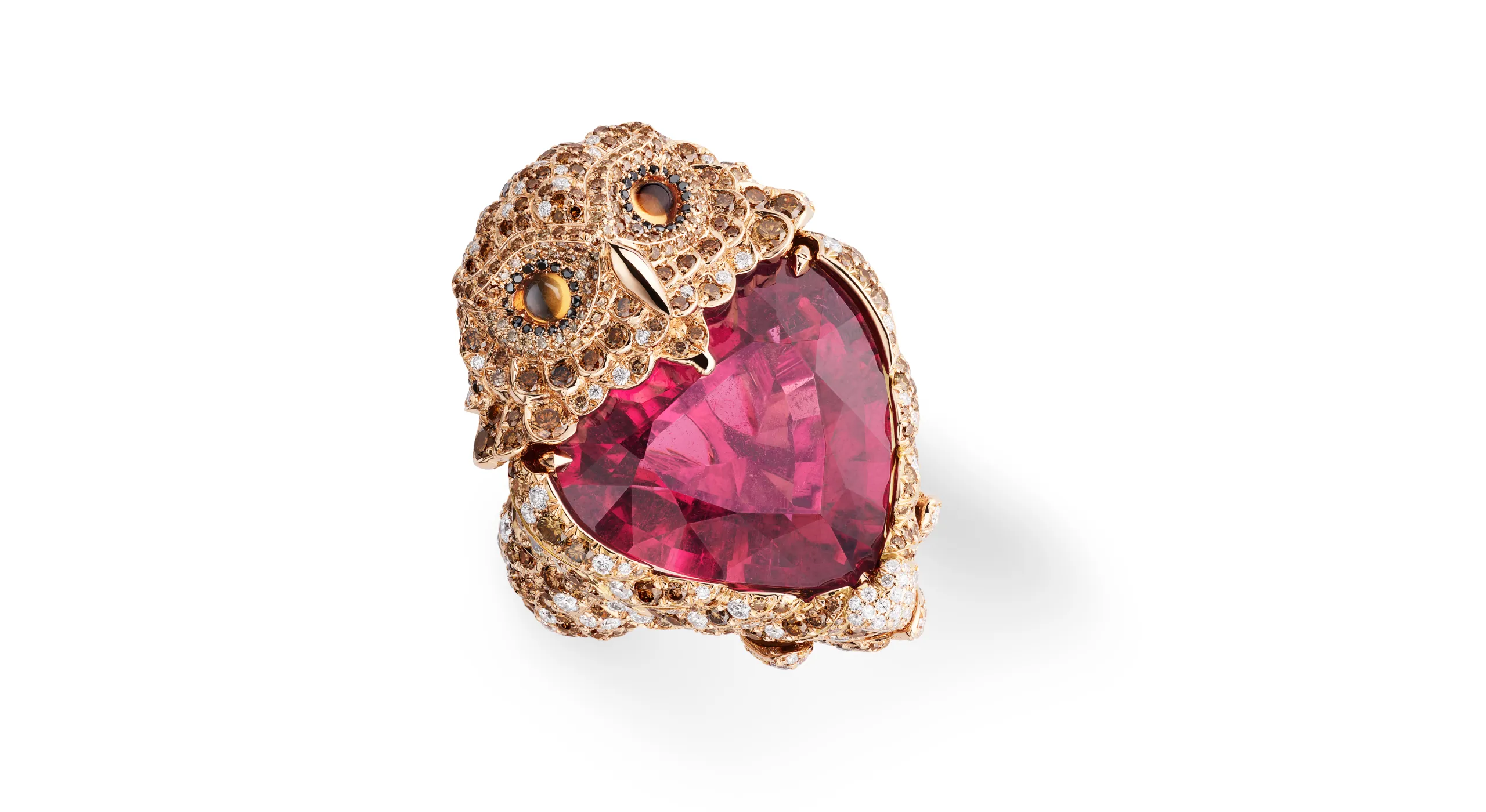 <p>Chopard Owl ring with a 16.08-carat heart-shaped rubellite surrounded by cognac, white and black diamonds totalling 6.28 carats, set in 18k rose gold, part of the Caroline&#8217;s Universe Red Carpet High Jewellery Collection 2025</p>
