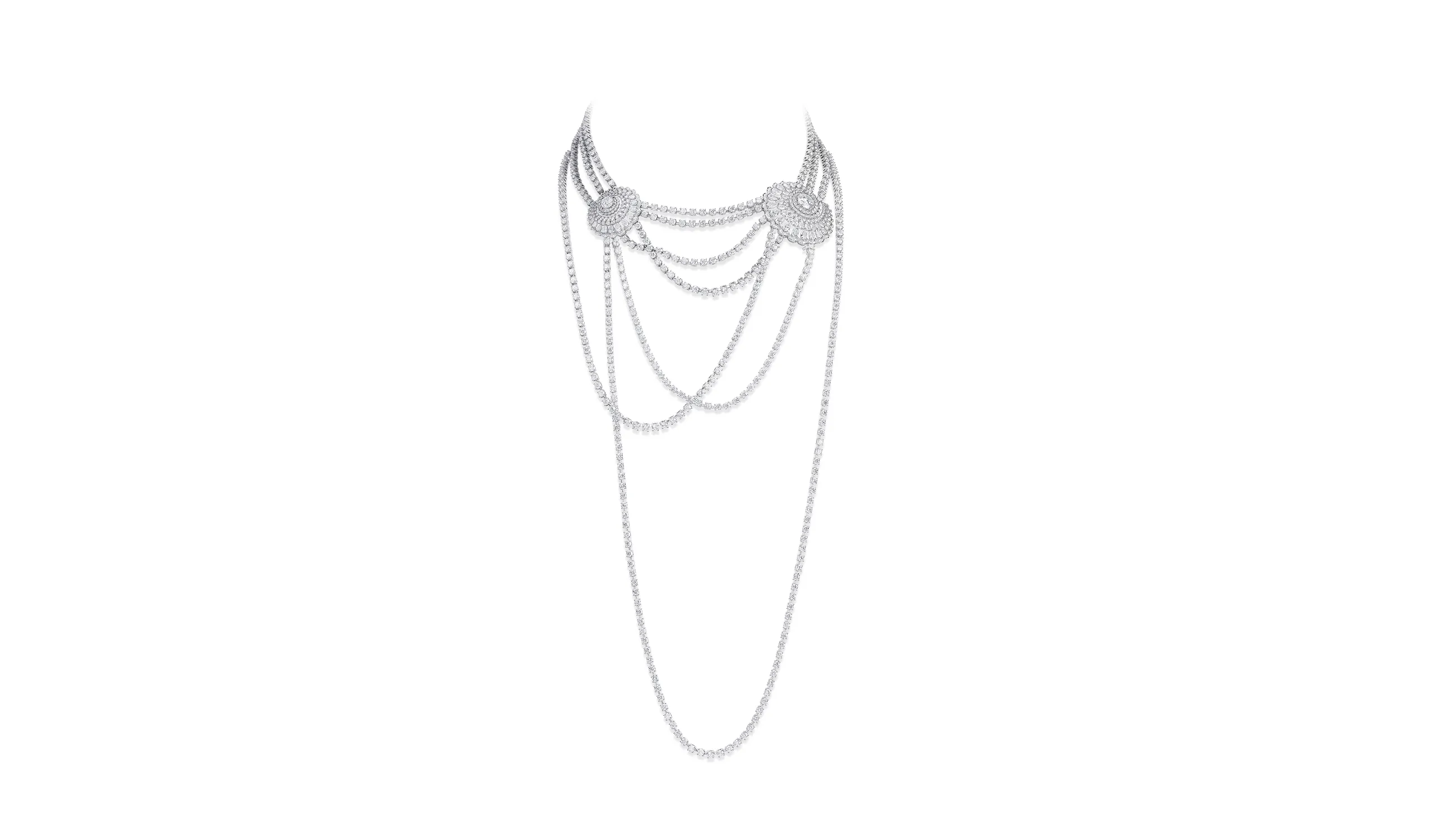 <p>Chopard sautoir necklace with 71.70 carats of brilliant-cut diamonds and 6.20 carats of pear-shaped diamonds set in 18k white gold, part of the Caroline&#8217;s Universe Red Carpet High Jewellery Collection 2025</p>
