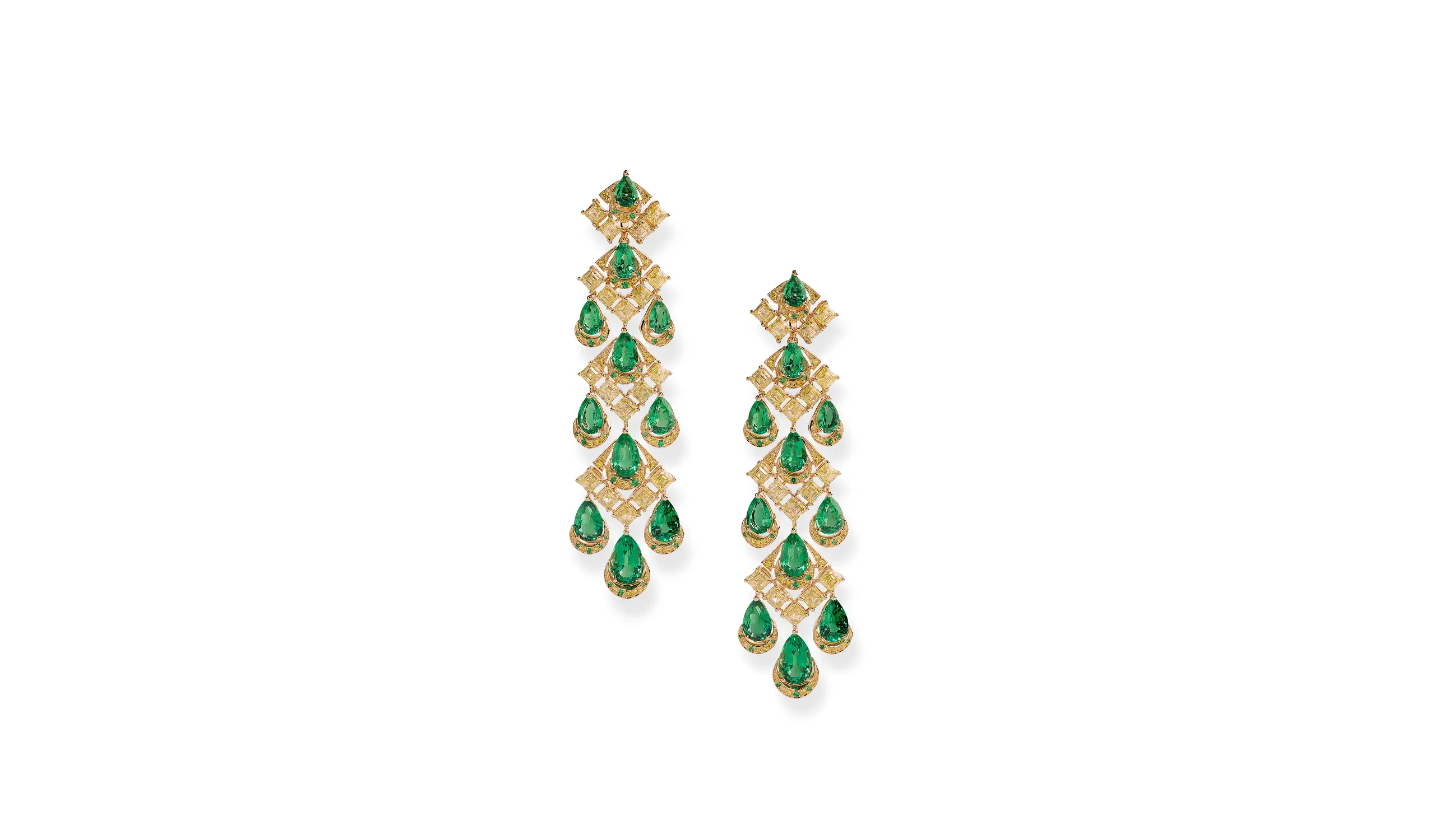 <p>Chopard earrings with 15.12 carats of pear-shaped emeralds, 8.27 carats of emerald-cut yellow diamonds, plus further brilliant-cut yellow diamonds and round-cut emeralds set in 18k yellow gold, part of the Caroline&#8217;s Universe Red Carpet High Jewellery Collection 2025</p>
