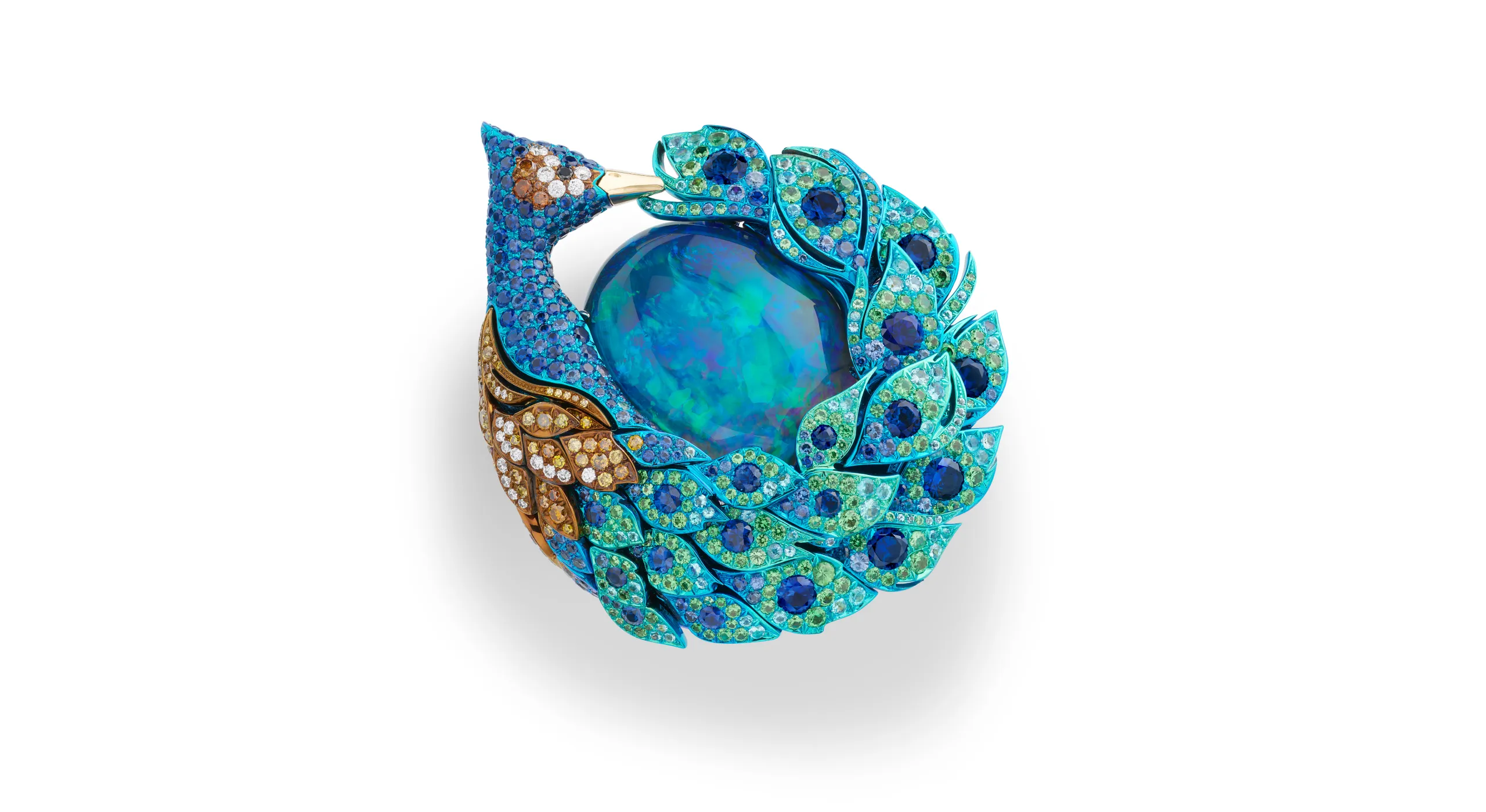 <p>Chopard Peacock ring with a 15.71-carat black opal cabochon, 2.70 carats of brilliant-cut sapphires, tsavorites, white and black diamonds and Paraiba tourmaline, set in titanium and 18k yellow and white gold, part of the Caroline&#8217;s Universe Red Carpet High Jewellery Collection 2025</p>
