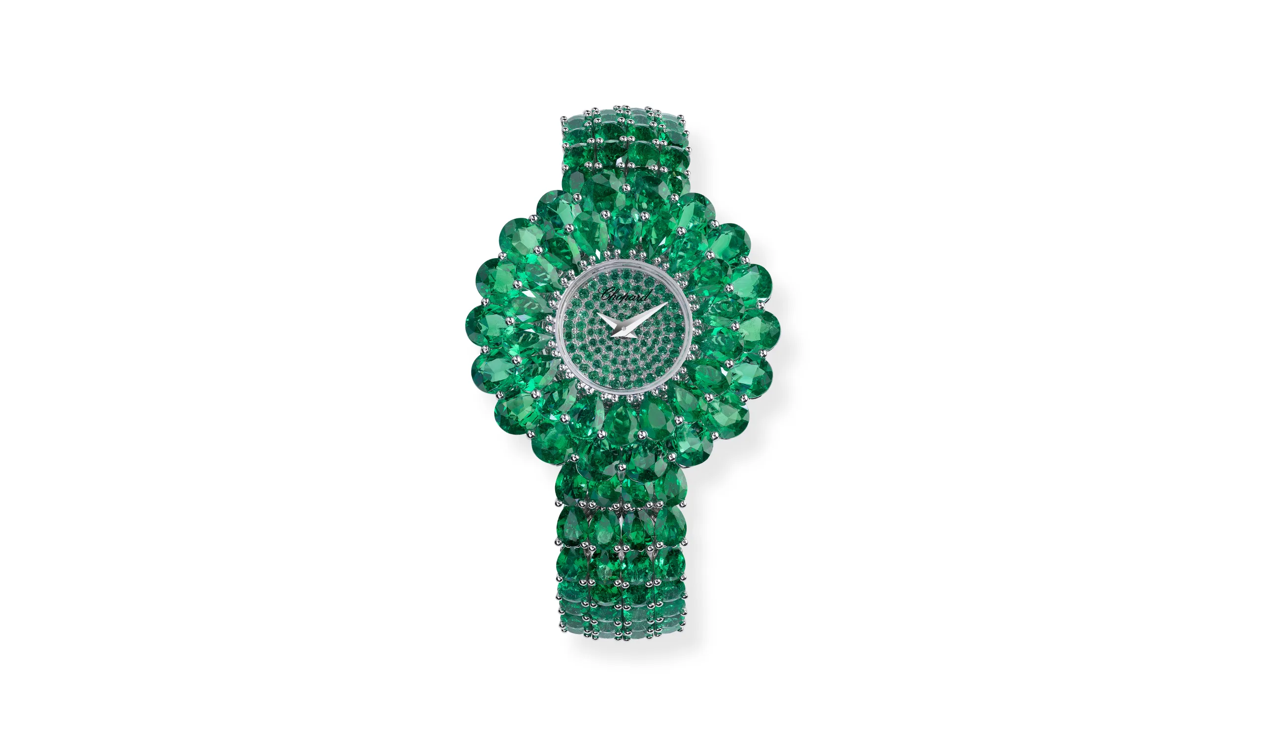 <p>Chopard jewellery watch with 38.99 carats of pear-shaped emeralds and brilliant-cut emeralds set in 18k white gold, part of the Caroline&#8217;s Universe Red Carpet High Jewellery Collection 2025</p>
