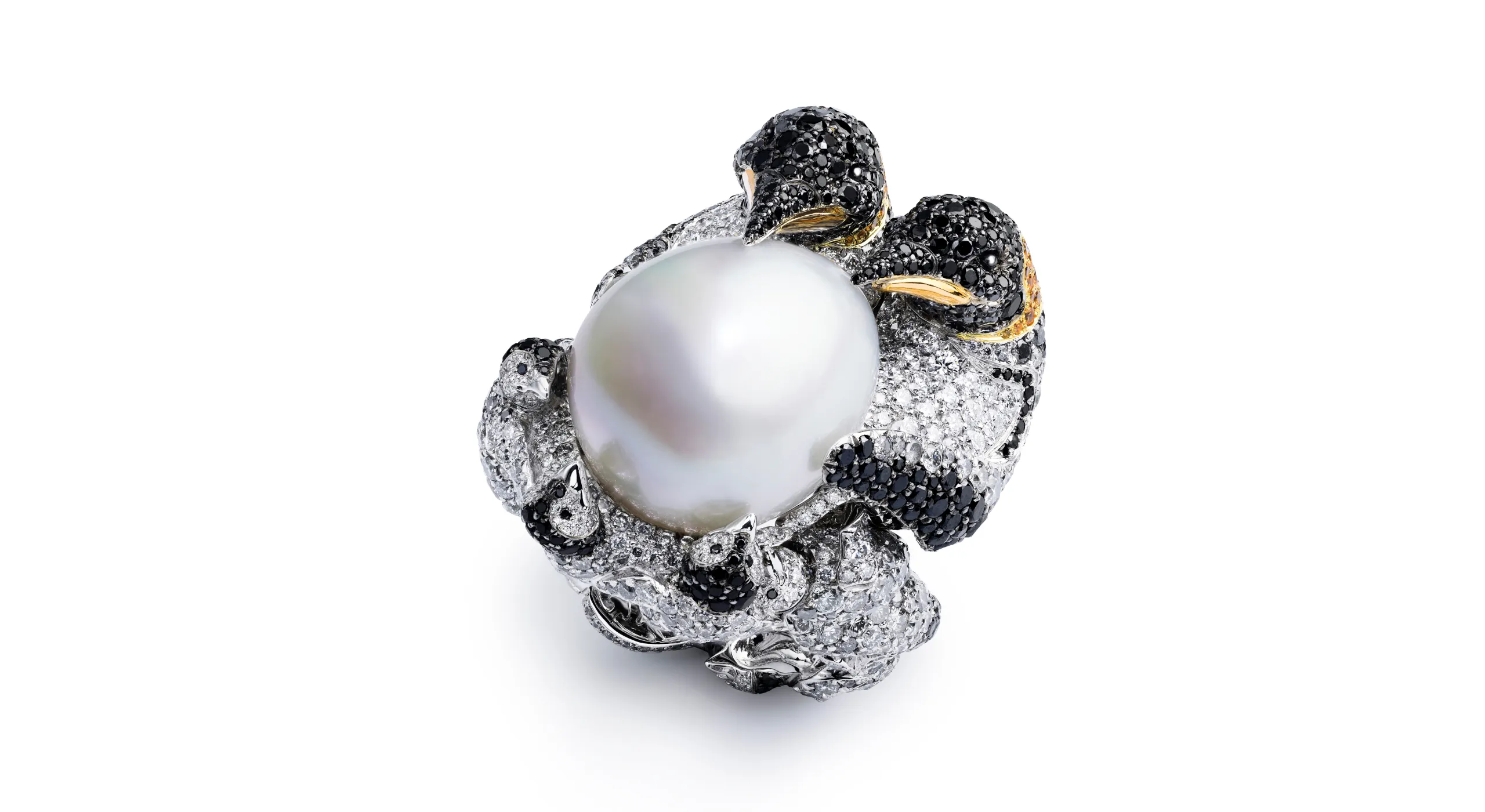 <p>Chopard Penguin ring with a 30.91-carat South Sea pearl, brilliant-cut black diamonds of 10.84 carats, white diamonds, brilliant-cut spessartite garnets and onyx cabochons, set in 18k white and yellow gold, part of the Caroline&#8217;s Universe Red Carpet High Jewellery Collection 2025</p>
