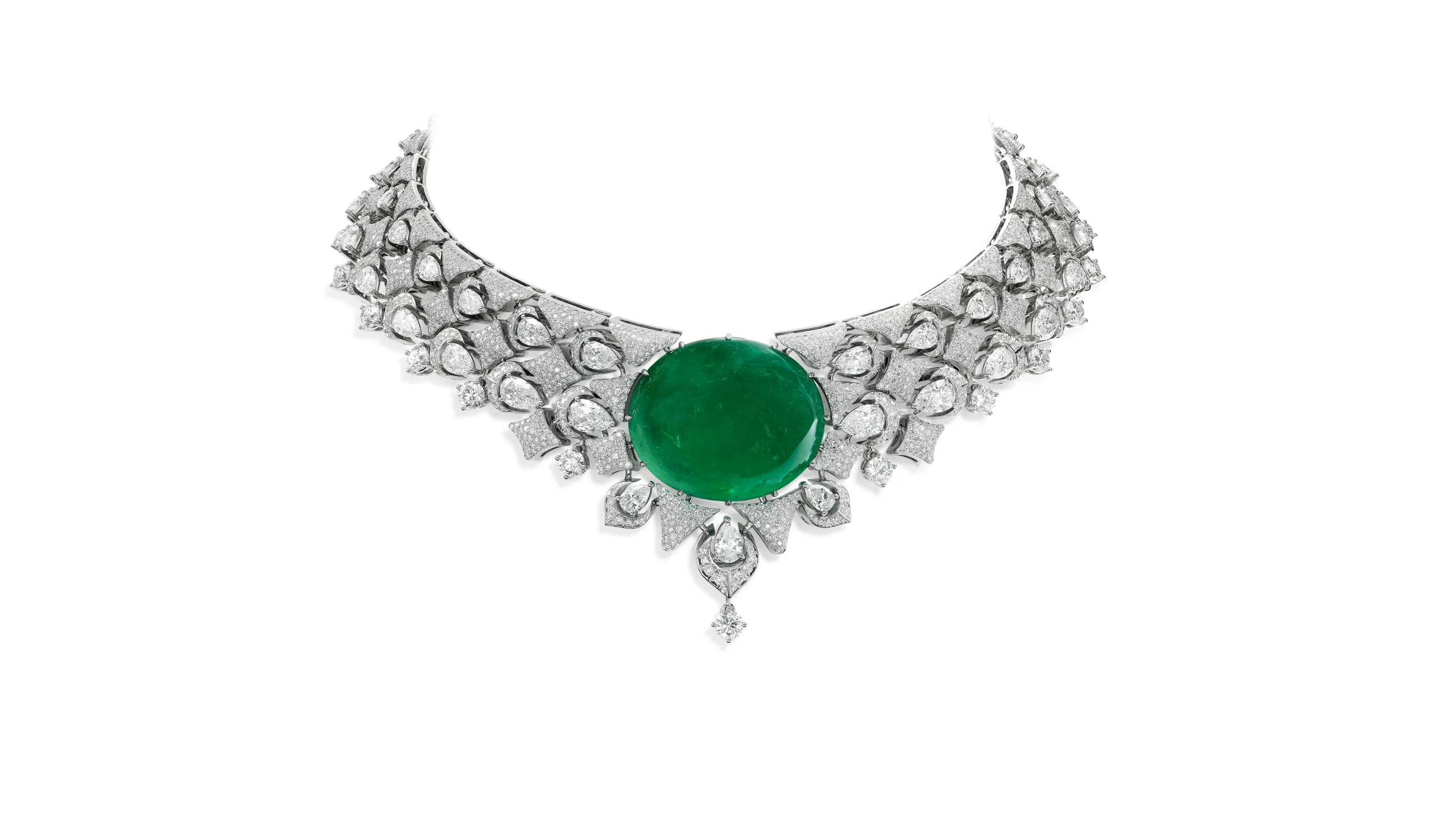 <p>Chopard necklace with an emerald cabochon weighing 129 carats alongside 28.85 carats of pear-shaped diamonds and 21.56 carats of brilliant-cut diamonds, set in 18k white gold, part of the Caroline&#8217;s Universe Red Carpet High Jewellery Collection 2025 </p>
