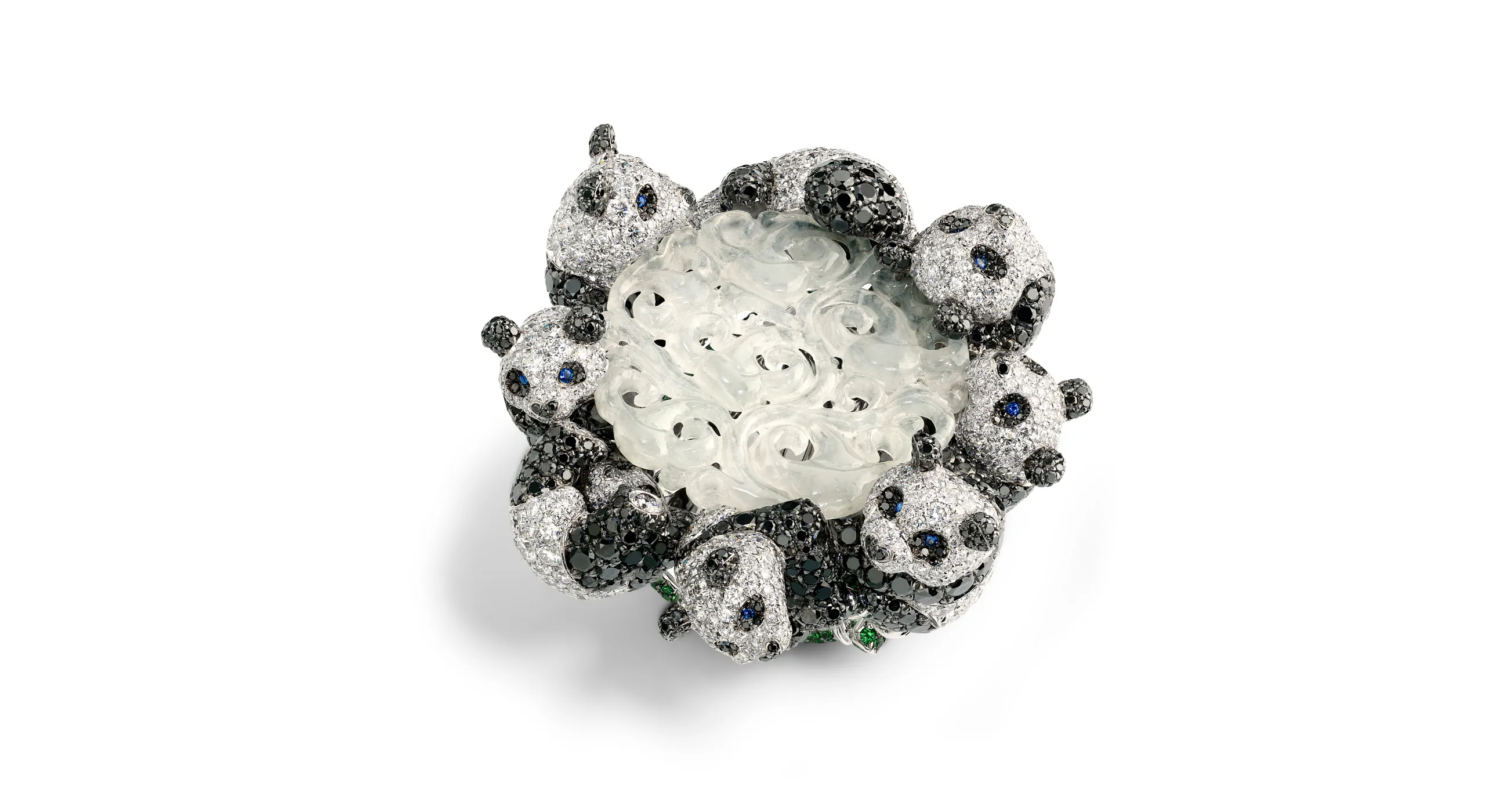 <p>Chopard ring with a piece of sculpted jadeite surrounded by 18k white gold pandas set with brilliant-cut diamonds of 7.13 carats, black diamonds of 6.32 carats, brilliant-cut tsavorites and sapphires, part of the Caroline&#8217;s Universe Red Carpet High Jewellery Collection 2025</p>
