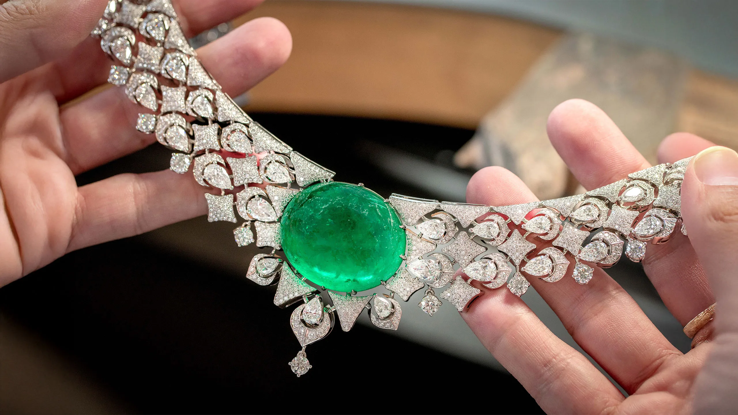 <p>Chopard necklace with an emerald cabochon weighing 129 carats alongside 28.85 carats of pear-shaped diamonds and 21.56 carats of brilliant-cut diamonds, set in 18k white gold, part of the Caroline&#8217;s Universe Red Carpet High Jewellery Collection 2025 </p>
