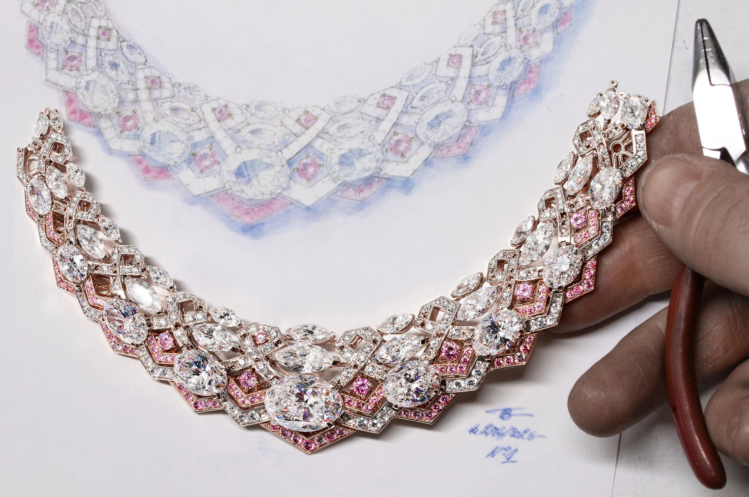 The fancy pink and white diamond Artemis necklace alongside its original design sketch