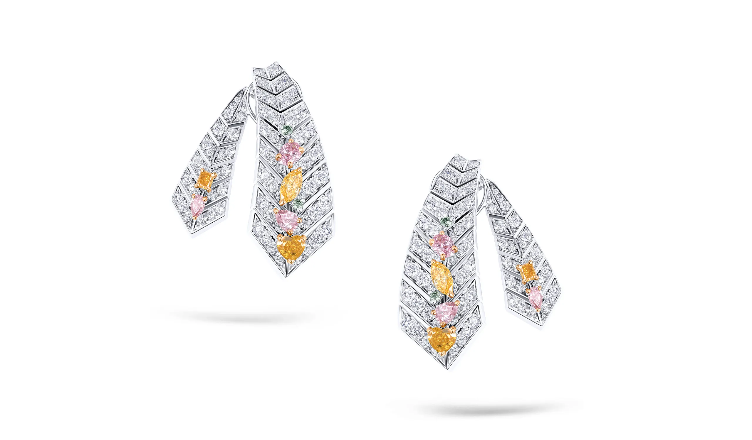 <p>Fearne High Jewellery earrings with 4.93ct of white diamonds, 1.66ct of orange diamonds, 1.29ct of pink diamonds, 0.41ct of yellow diamonds and 0.13ct of Fancy colour diamonds set in 18ct white and rose gold</p>
