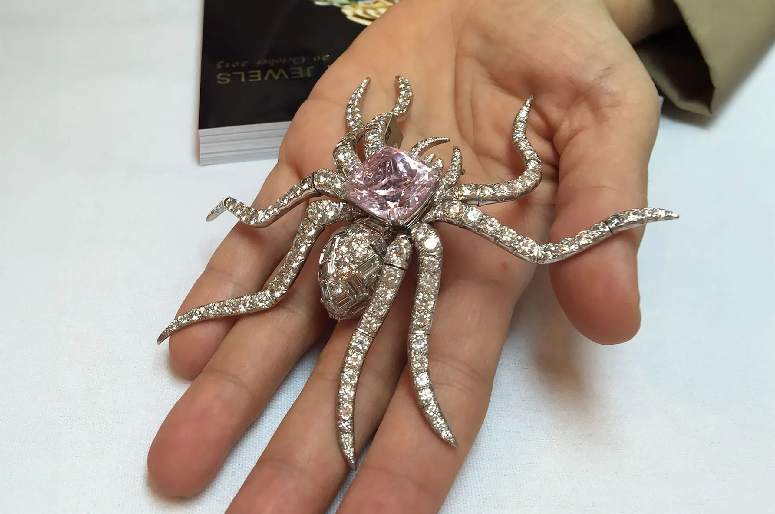 A 1990s David Webb kunzite-and-diamond spider brooch, photographed at Christie’s in 2015 by jewellery historian and author Marion Fasel.
