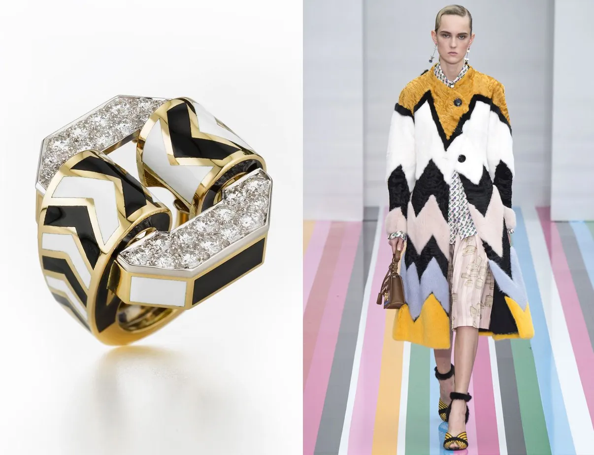 <p>David Webb Chevron Ring and Salvatore Ferragamo</p>
