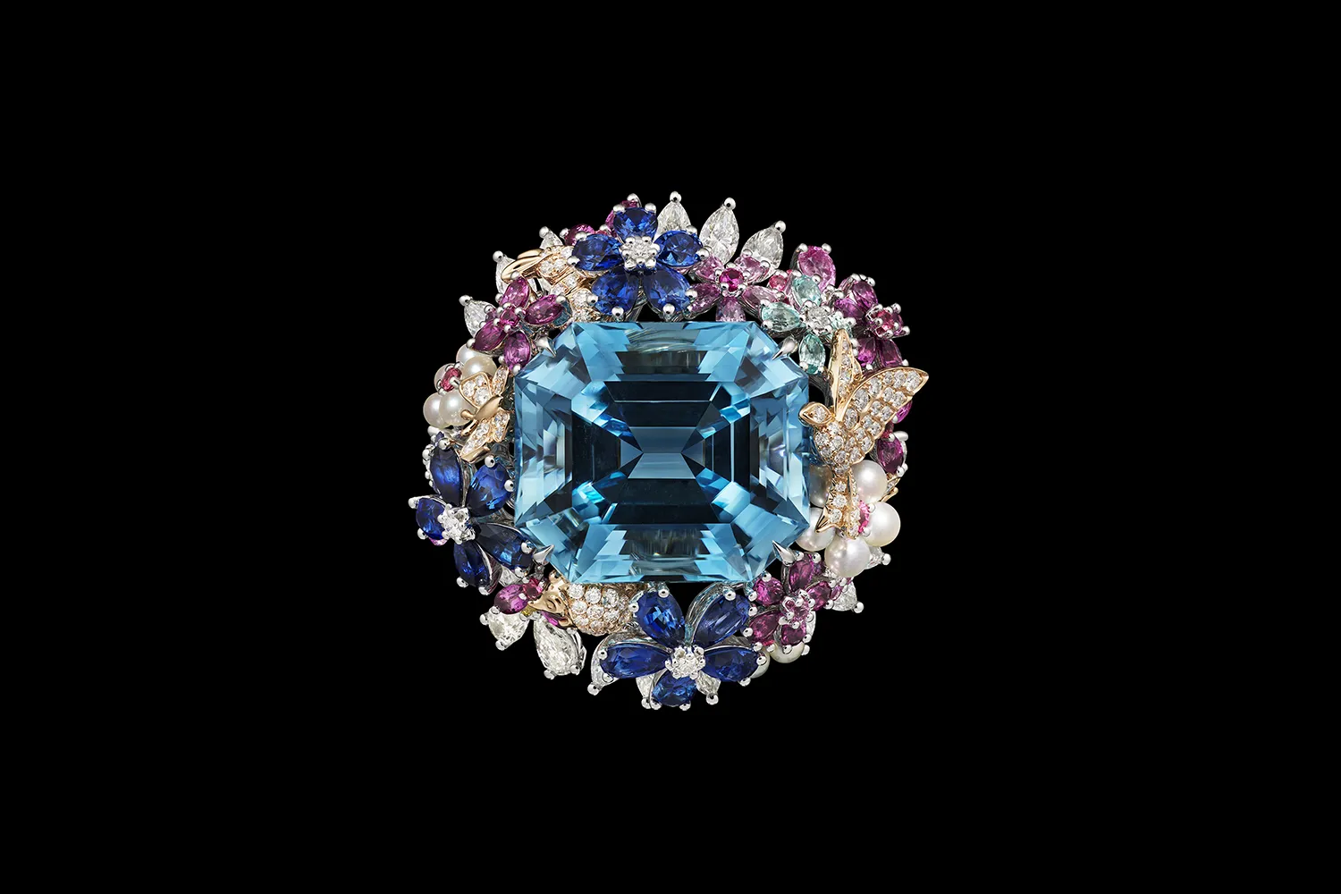 <p>A large aquamarine, diamond, pearl and coloured gemstone cocktail ring from the Diorexquis High Jewellery collection</p>