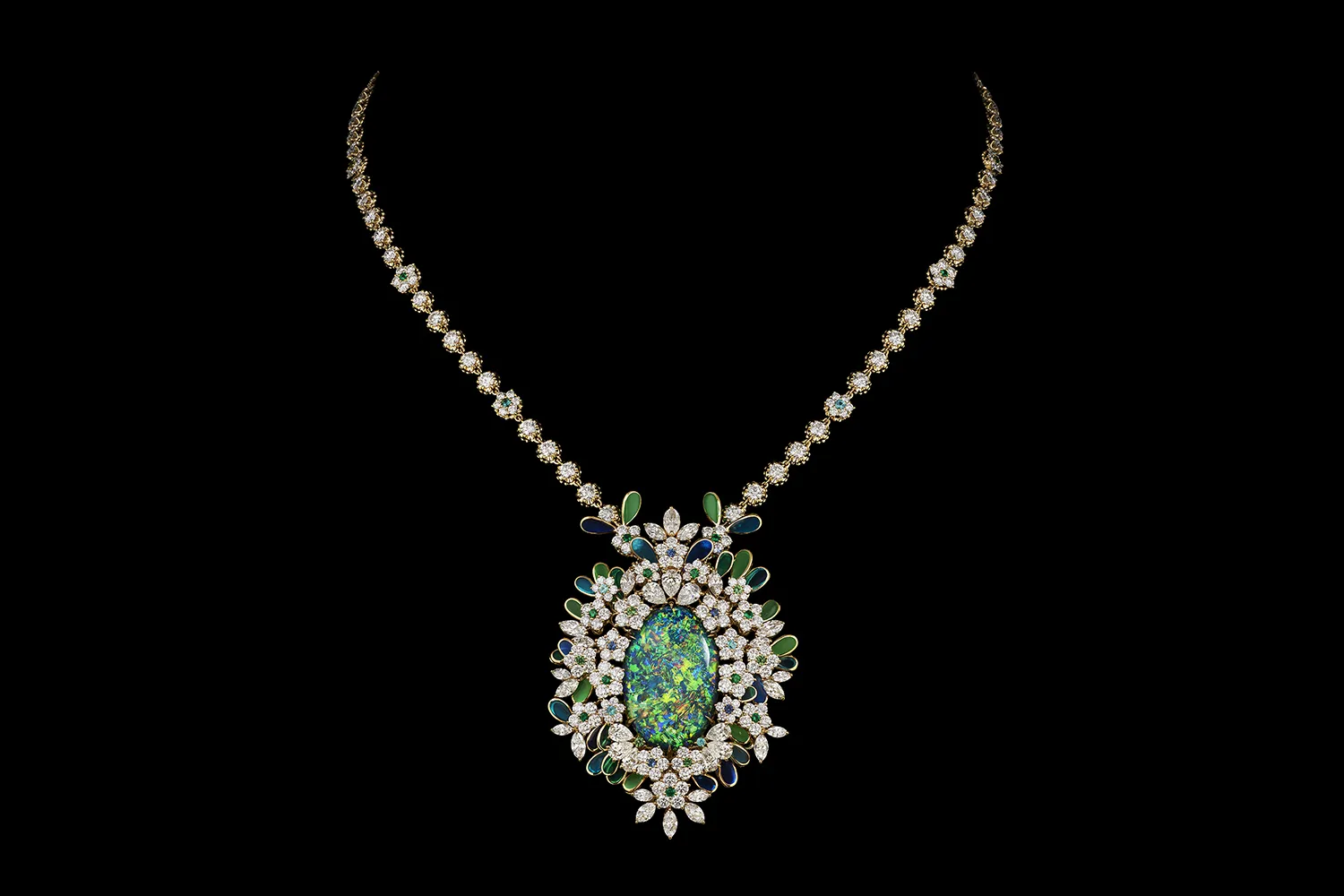 <p>A detachable pendant necklace from the Diorexquis High Jewellery collection with an oval-shaped opal surrounded by diamonds and coloured gemstones </p>