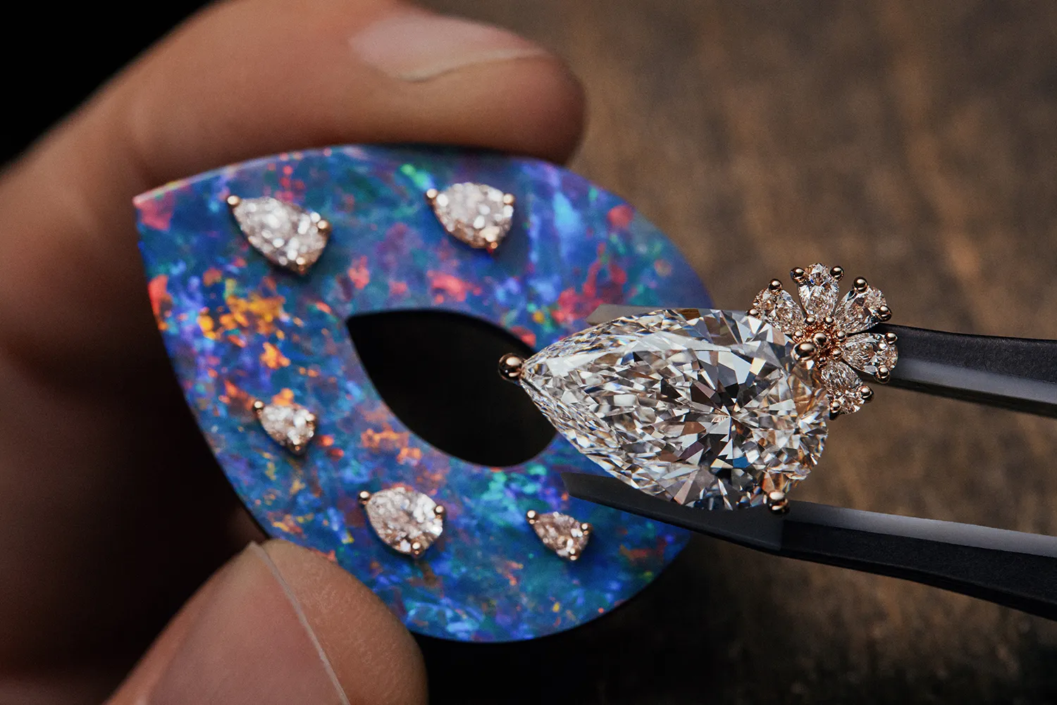 <p>The Diorexquis Nature Precieuse High Jewellery necklace features a large pear-shaped diamond accent inlaid into precious opal. Photo credit Piotr Stoklosa</p>