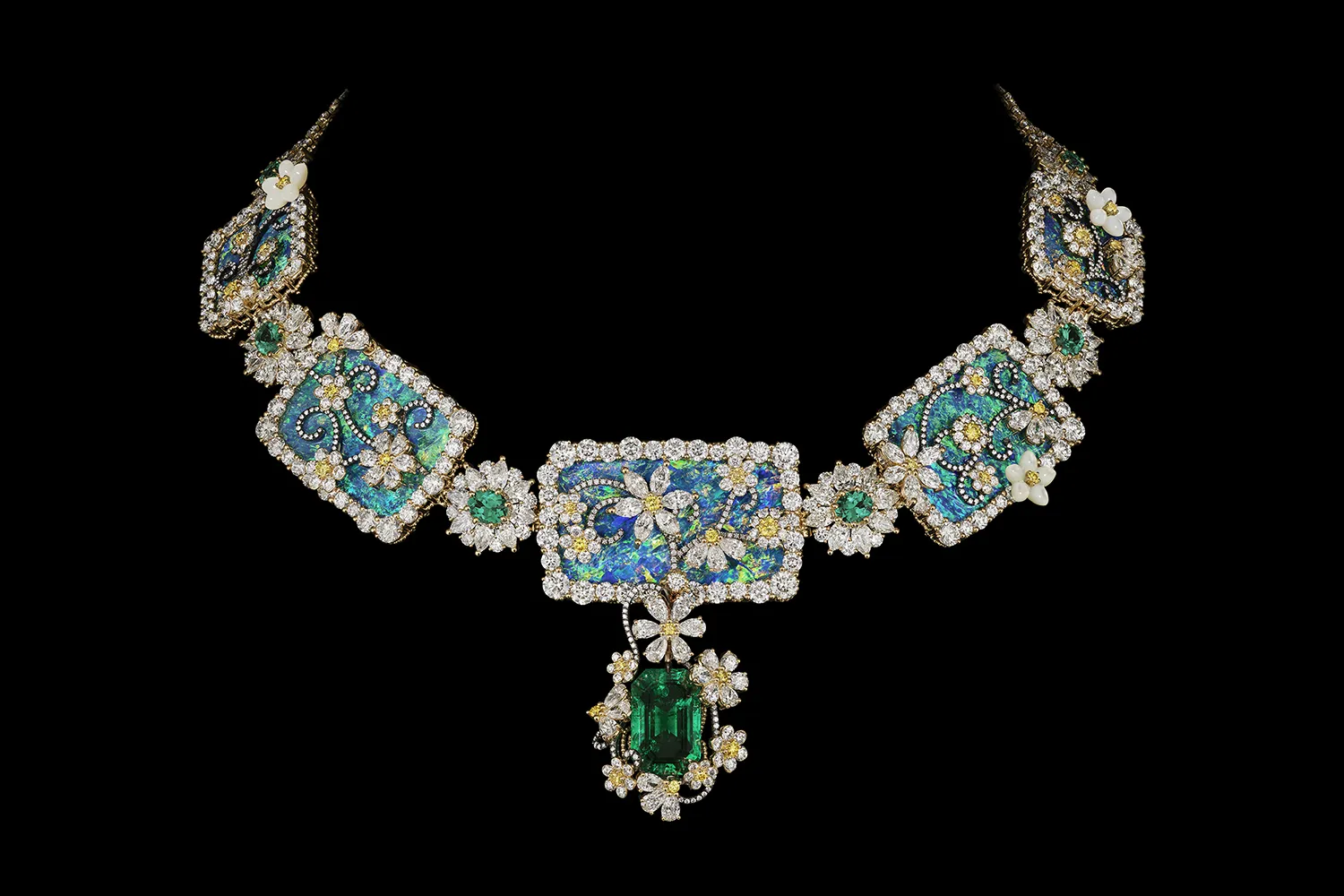 <p>An opal, diamond and coloured gemstone necklace from the Diorexquis High Jewellery collection by Victoire de Castellane with a detachable emerald drop</p>
