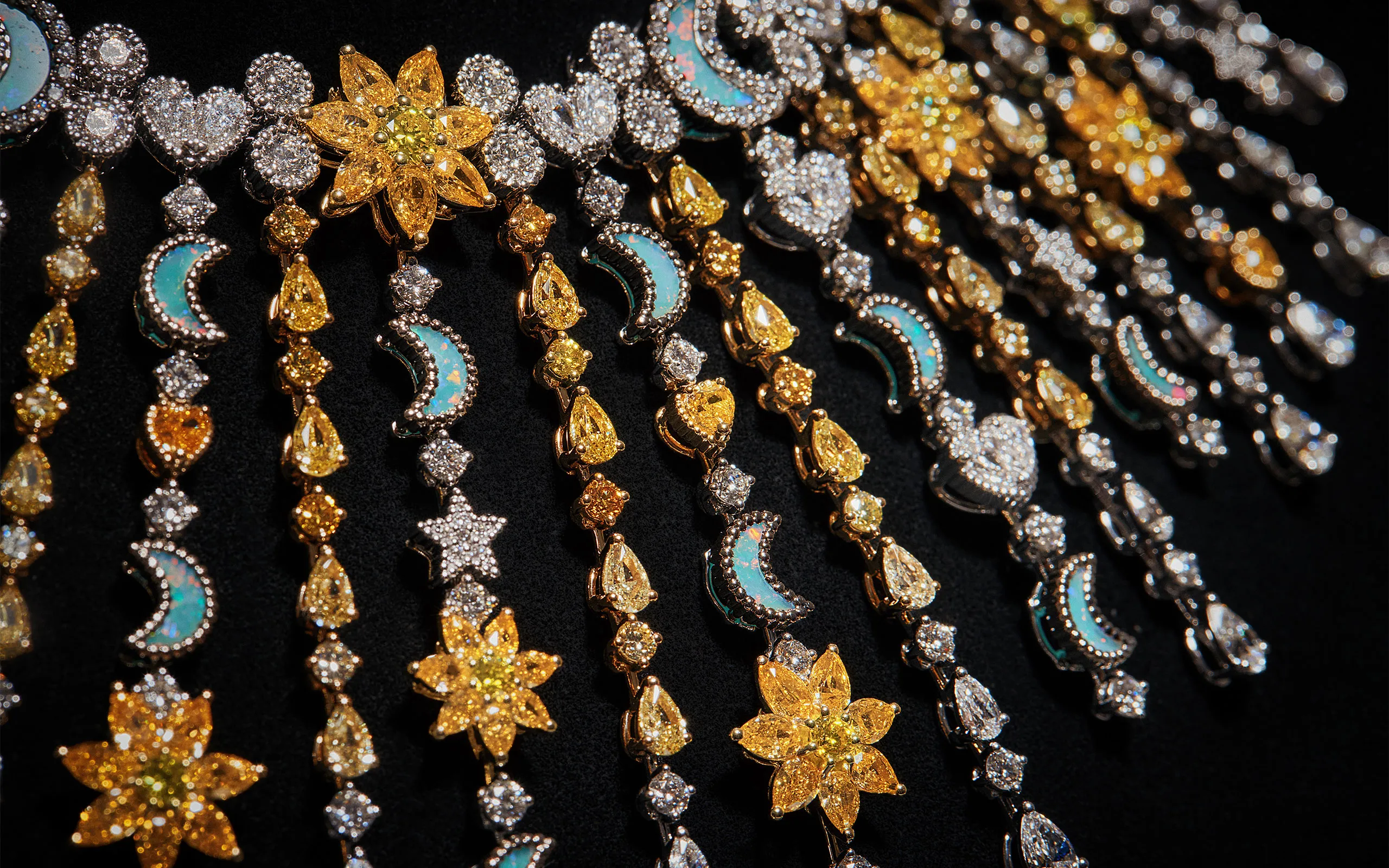 <p>The coloured gemstone and diamond fringe detailing in the Soleil Céleste necklace, which is the hero creation in the Belle Dior High Jewellery collection by Dior Joaillerie</p>
